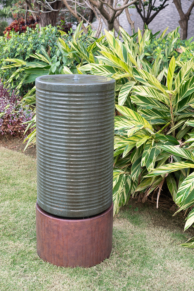 44" Tall Large Modern Cylinder Ribbed Tower Water Fountain With Rustic Base, Contemporary Antique Green Copper Finish Outdoor Bird Feeder / Bath Cement Fountain