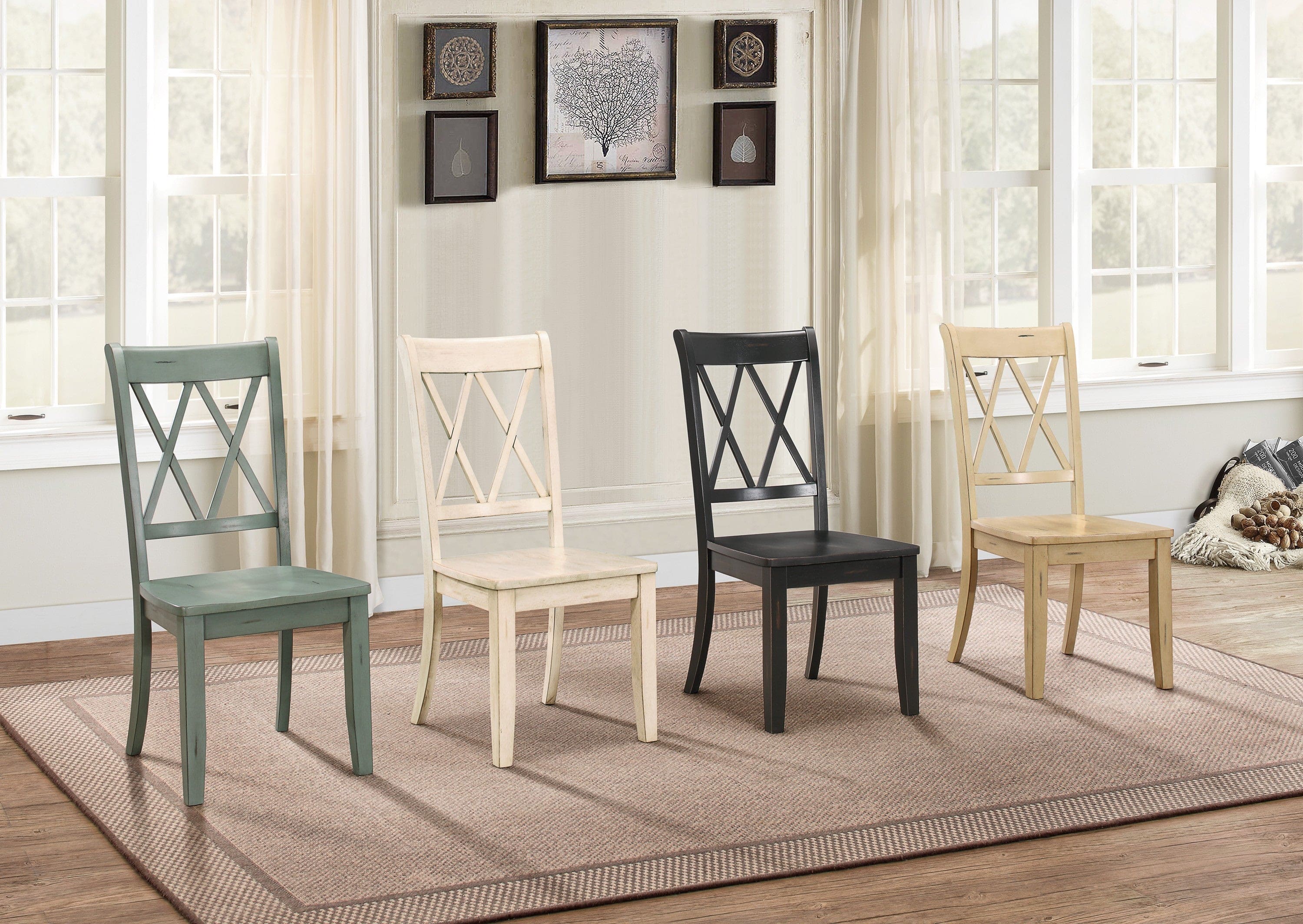 Casual Buttermilk Finish Side Chairs Set of 2 Pine Veneer Transitional Double-X Back Design Dining Room Furniture