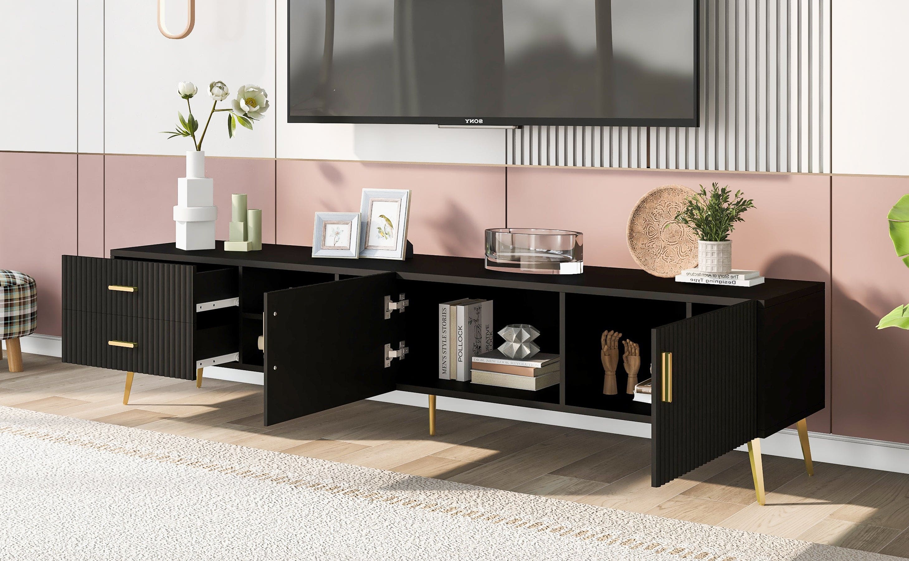 U-Can Modern TV Stand with 5 Champagne legs - Durable, stylish, spacious, versatile storage TVS up to 77" (Black)