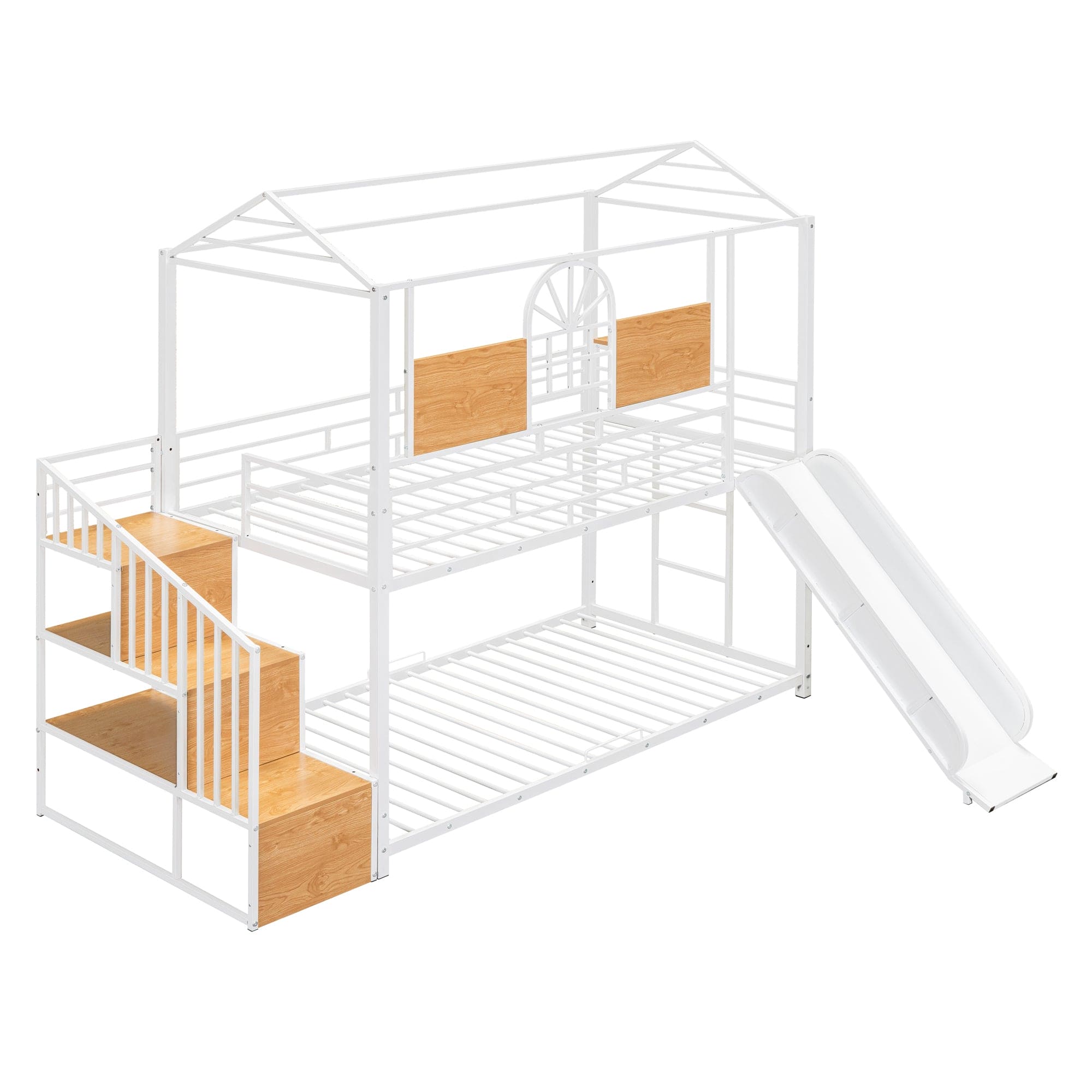 Twin Over Twin Metal Bunk Bed, Metal Housebed with Slide and Storage Stair, White with White Slide