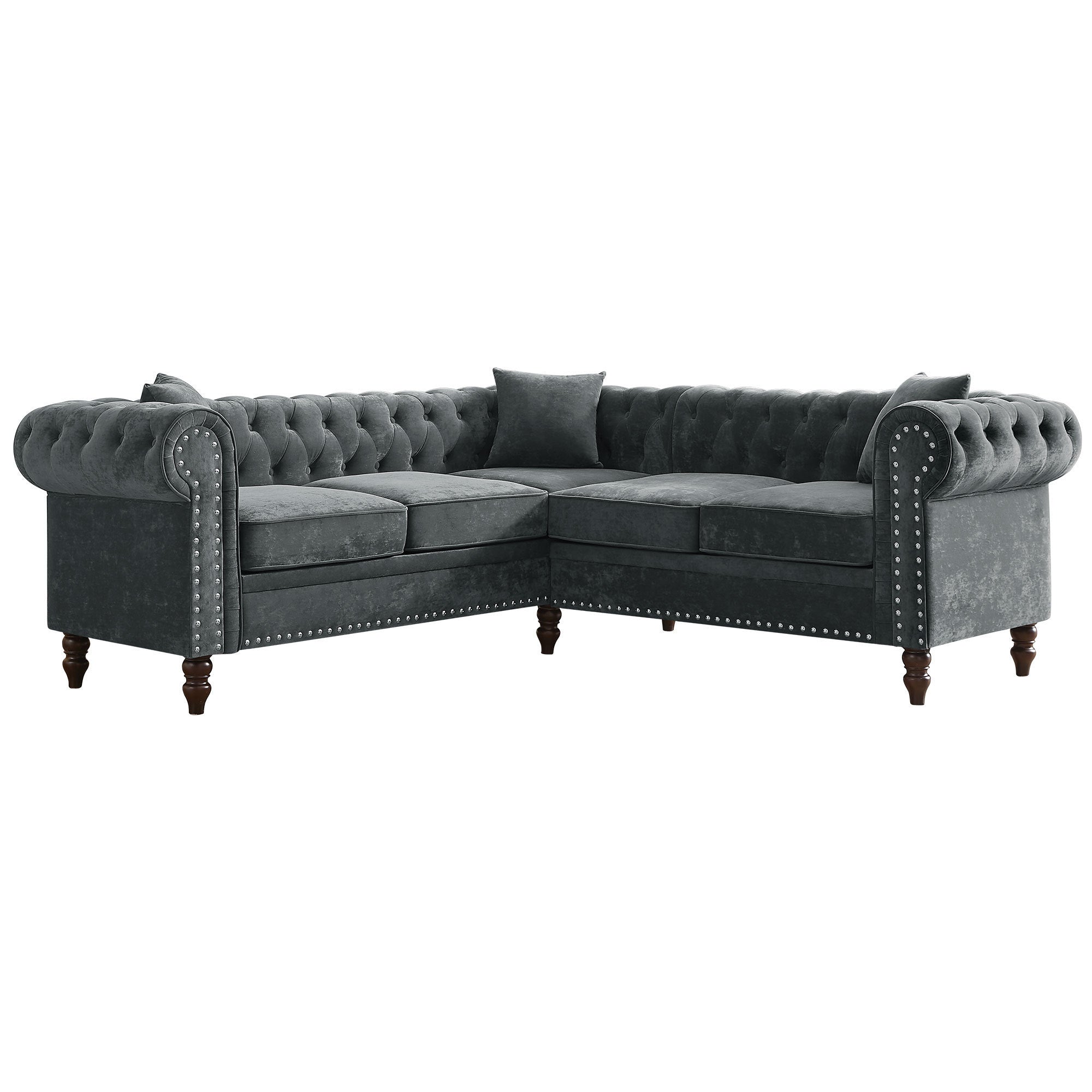 MH 80" Deep Button Tufted Upholstered Roll Arm Luxury Classic Chesterfield L-shaped Sofa 3 Pillows Included, Solid Wood Gourd Legs, Grey velvet