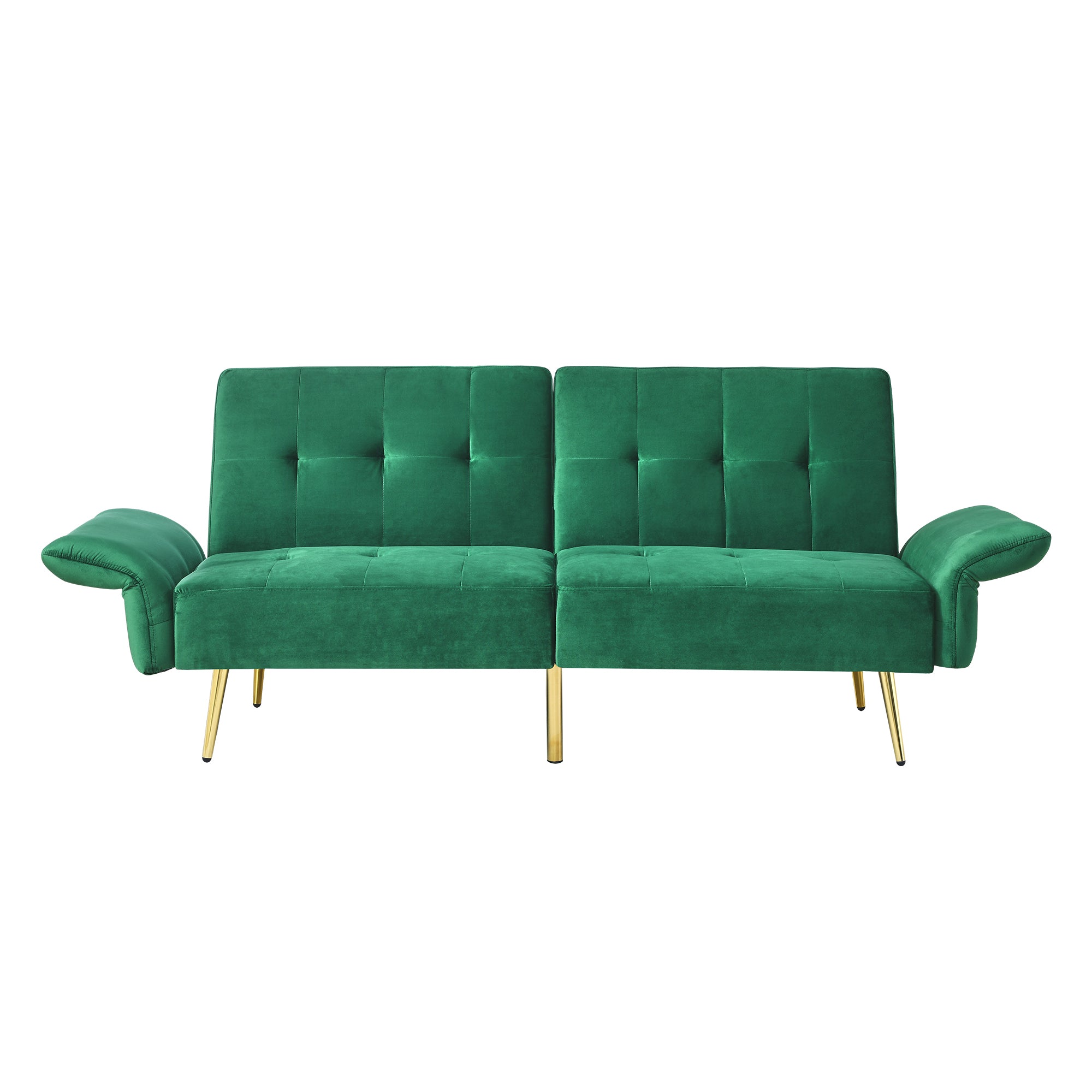 78" Italian Velvet Futon Sofa Bed, Convertible Sleeper Loveseat Couch with Folded Armrests and Storage Bags for Living Room and Small Space, Green 280g velvet