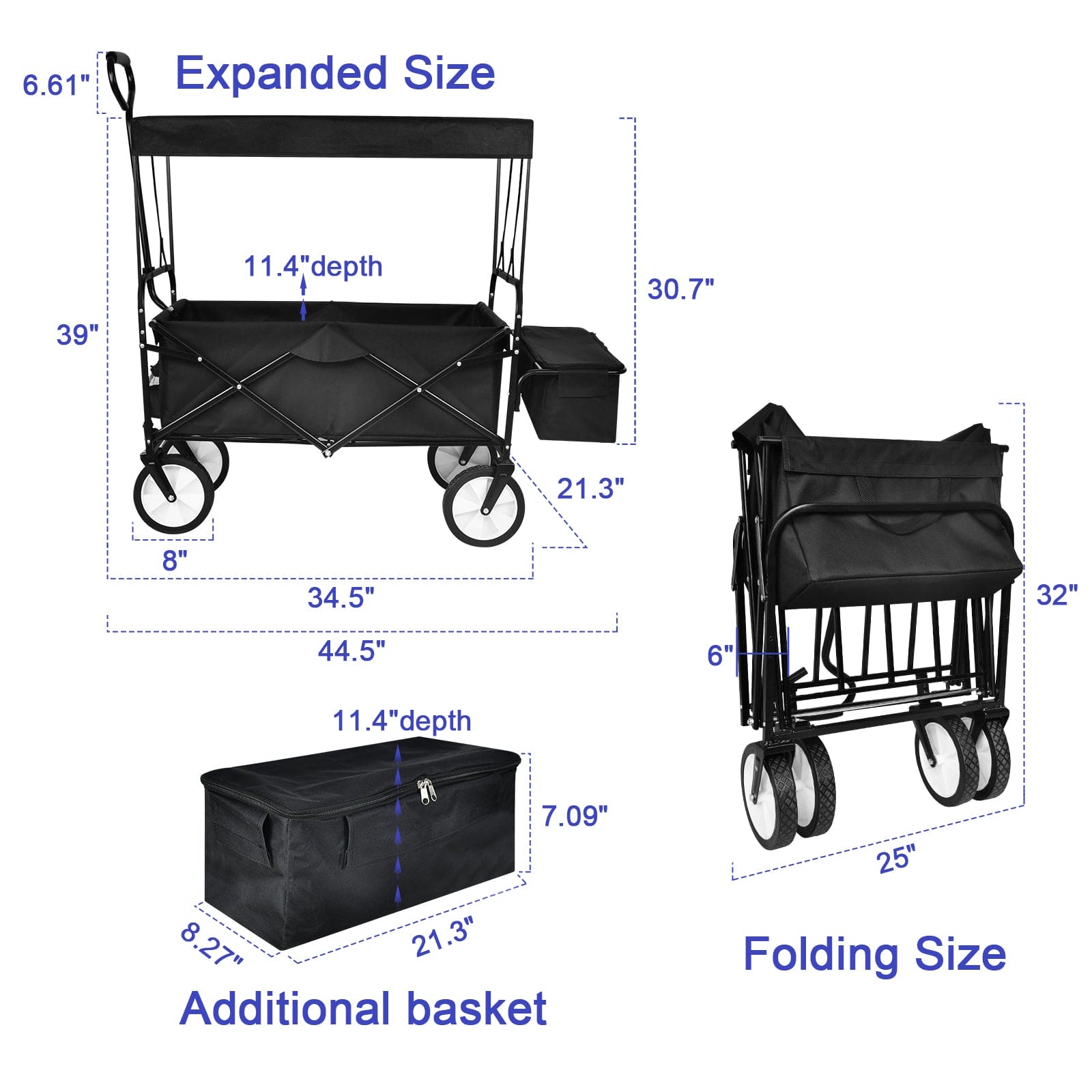 YSSOA Heavy Duty Folding Portable Hand Cart with Removable Canopy, 8'' Wheels, Adjustable Handles and Double Fabric for Shopping, Picnic, Beach, Camping