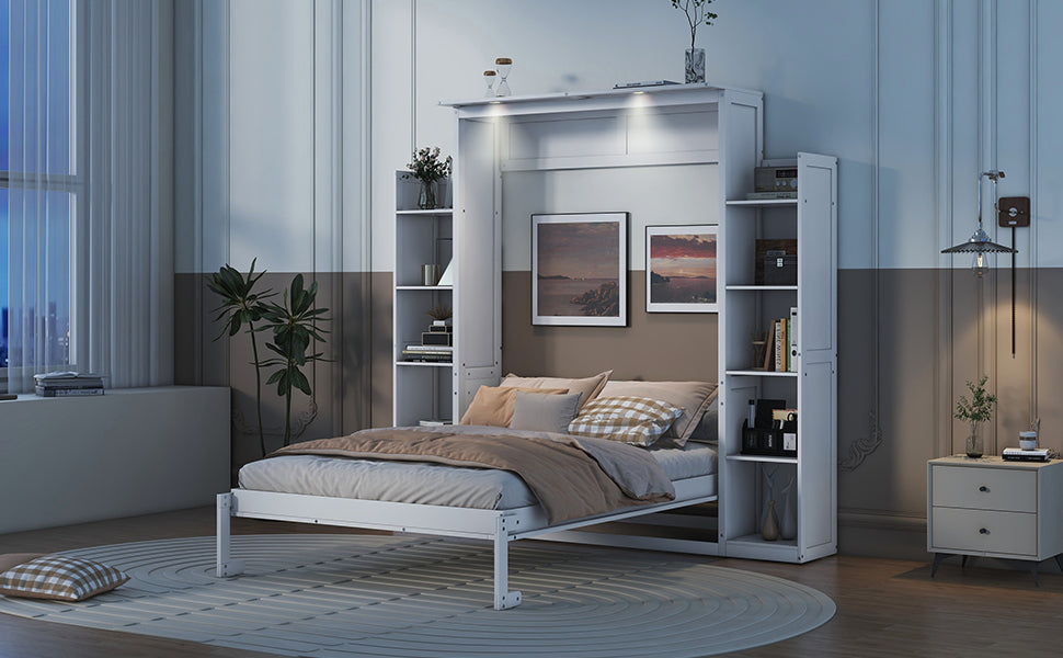 Full Size Murphy Bed Wall Bed with Shelves and LED Lights,White