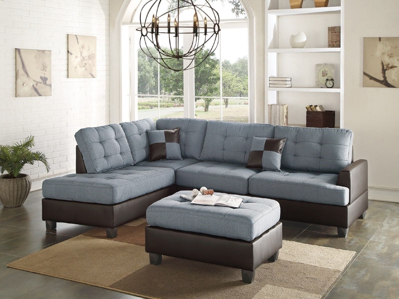 Contemporary Sectional Sofa Grey Polyfiber Linen Like Fabric Cushion Tufted Reversible 3pc Sectional Sofa L/R Chaise Ottoman Living Room Furniture Pillows