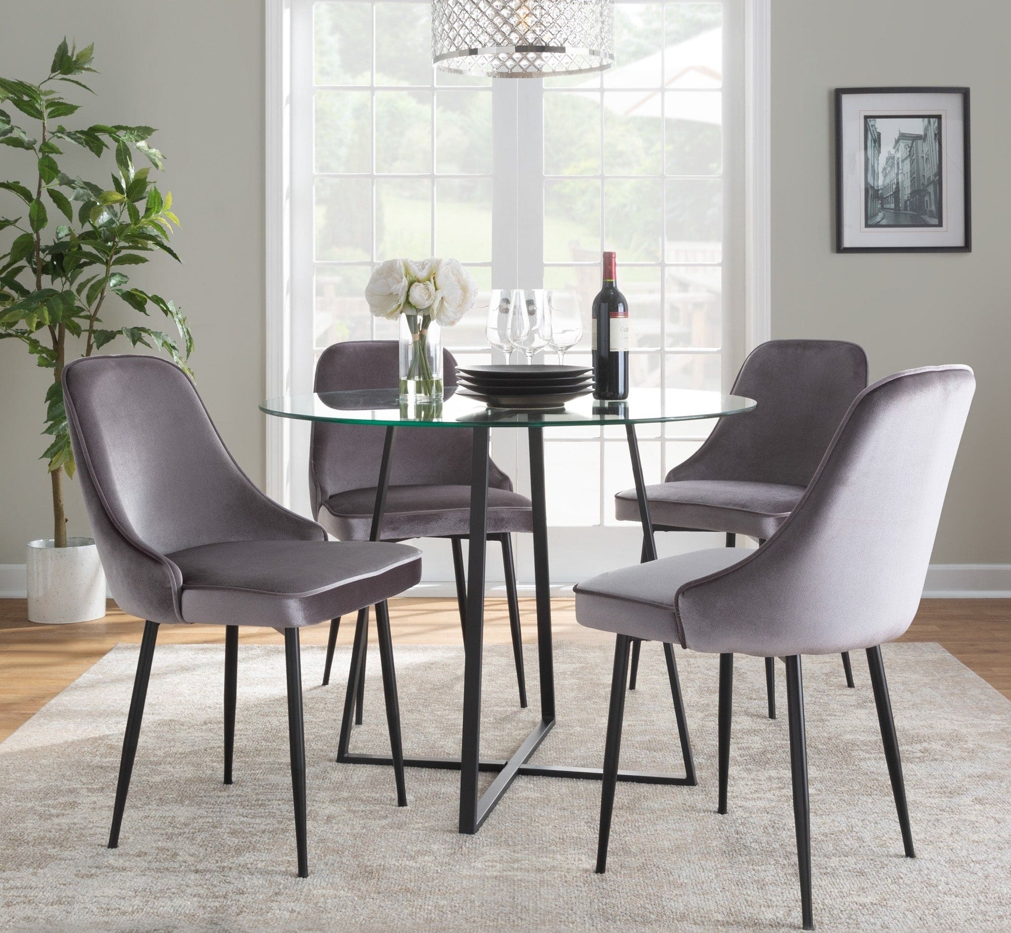 Marcel Contemporary Dining Chair with Black Frame and Silver Velvet Fabric by LumiSource - Set of 2