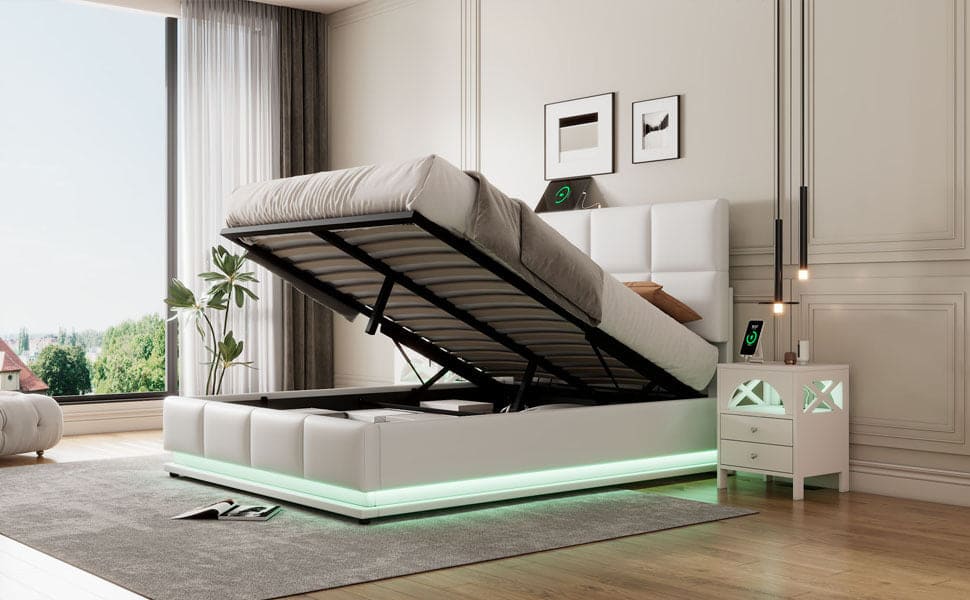 Full Size Tufted Upholstered Platform Bed with Hydraulic Storage System,PU Storage Bed with LED Lights and USB charger, White