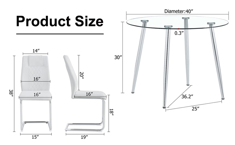 Table and chair set. (1 table+4 chairs set) A circular dining table with a 40 inch diameter glass tabletop and electroplated  metal legs. 4 white PU chairs DT-1164 001