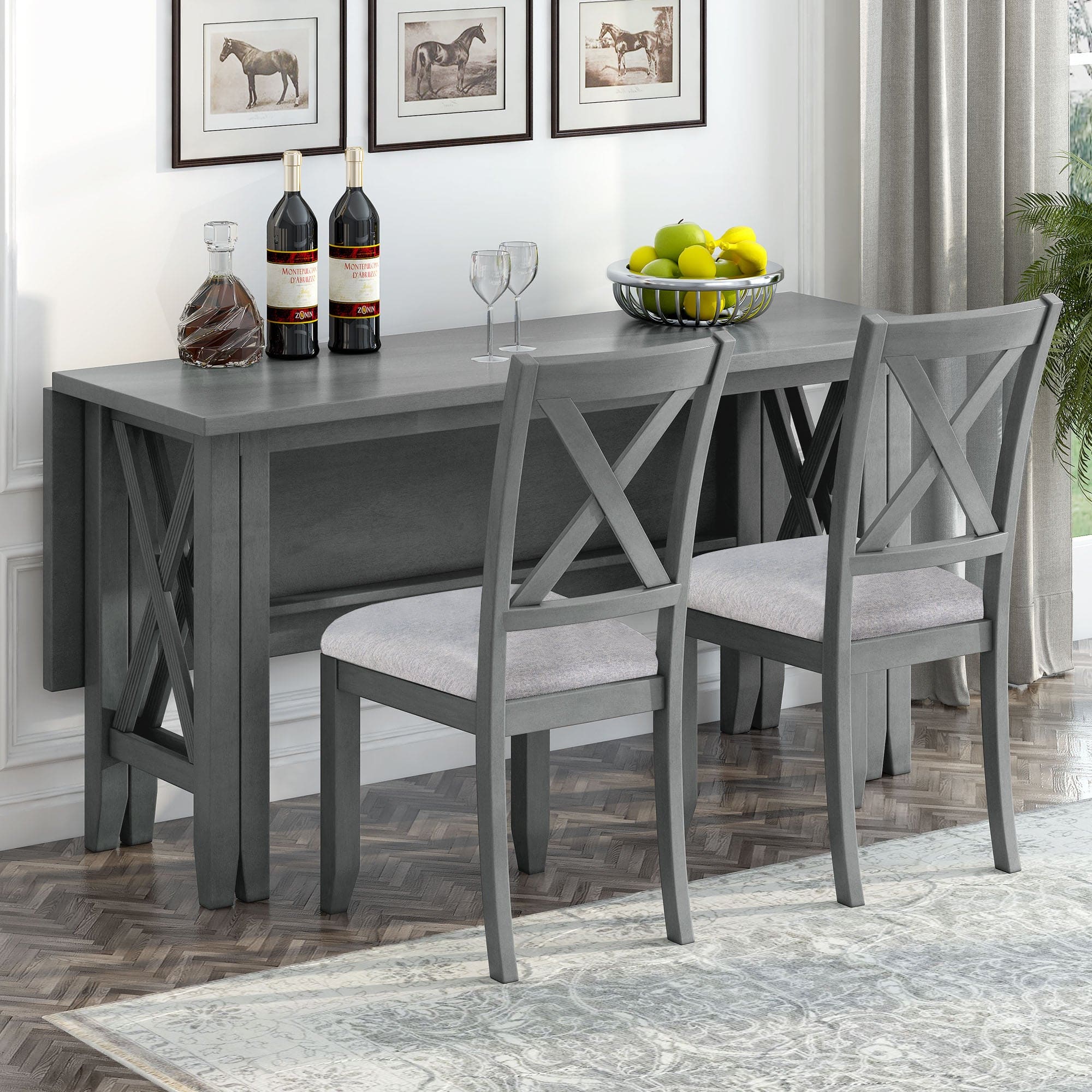 TREXM 6-Piece Family Dining Room Set Solid Wood Space Saving Foldable Table and 4 Chairs with Bench for Dining Room (Gray)