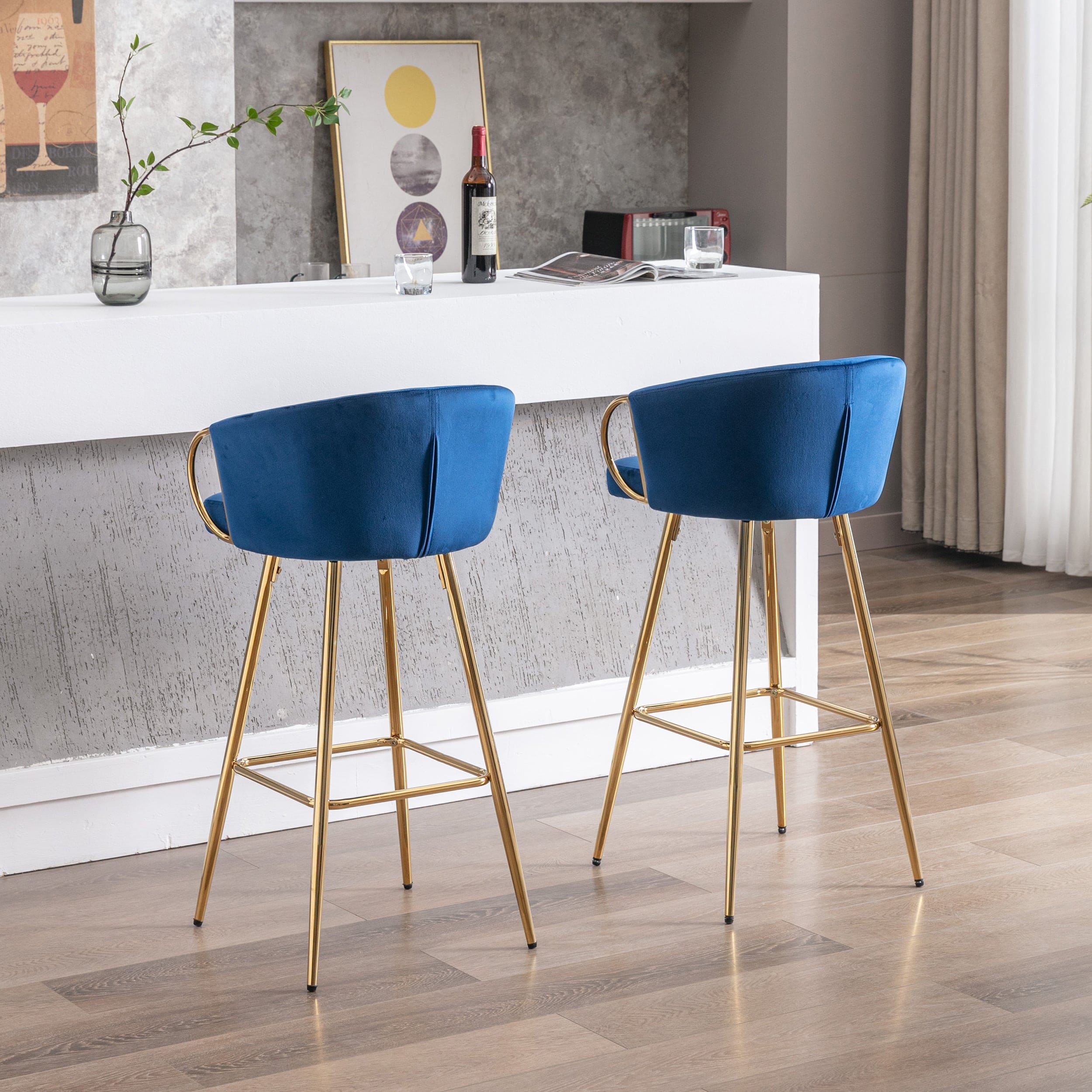 30 Inch Set of 2 Bar Stools,with Chrome Footrest and Base Velvet + Golden Leg Simple Bar Stool,BLUE