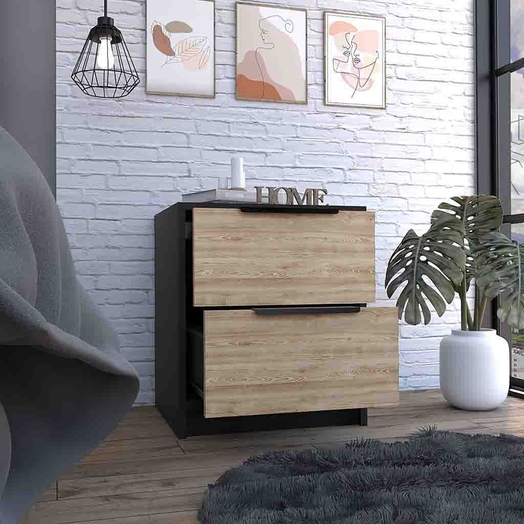 Nightstand Cervants, Two Drawers, Metal Handle, Black wengue / Pine Finish