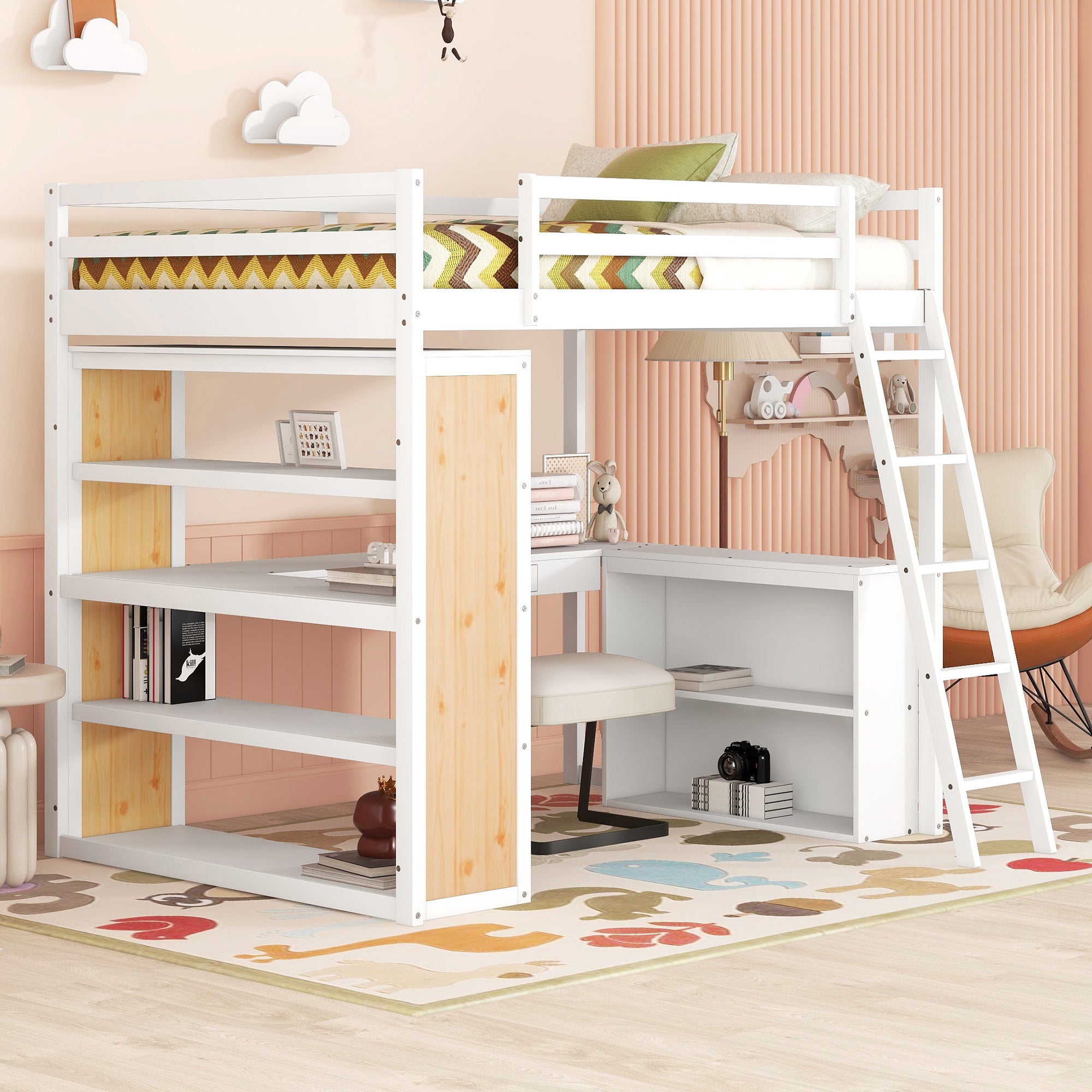 Full Size Loft Bed with Ladder, Shelves, and Desk, White(OLD SKU:LT000226AAK)