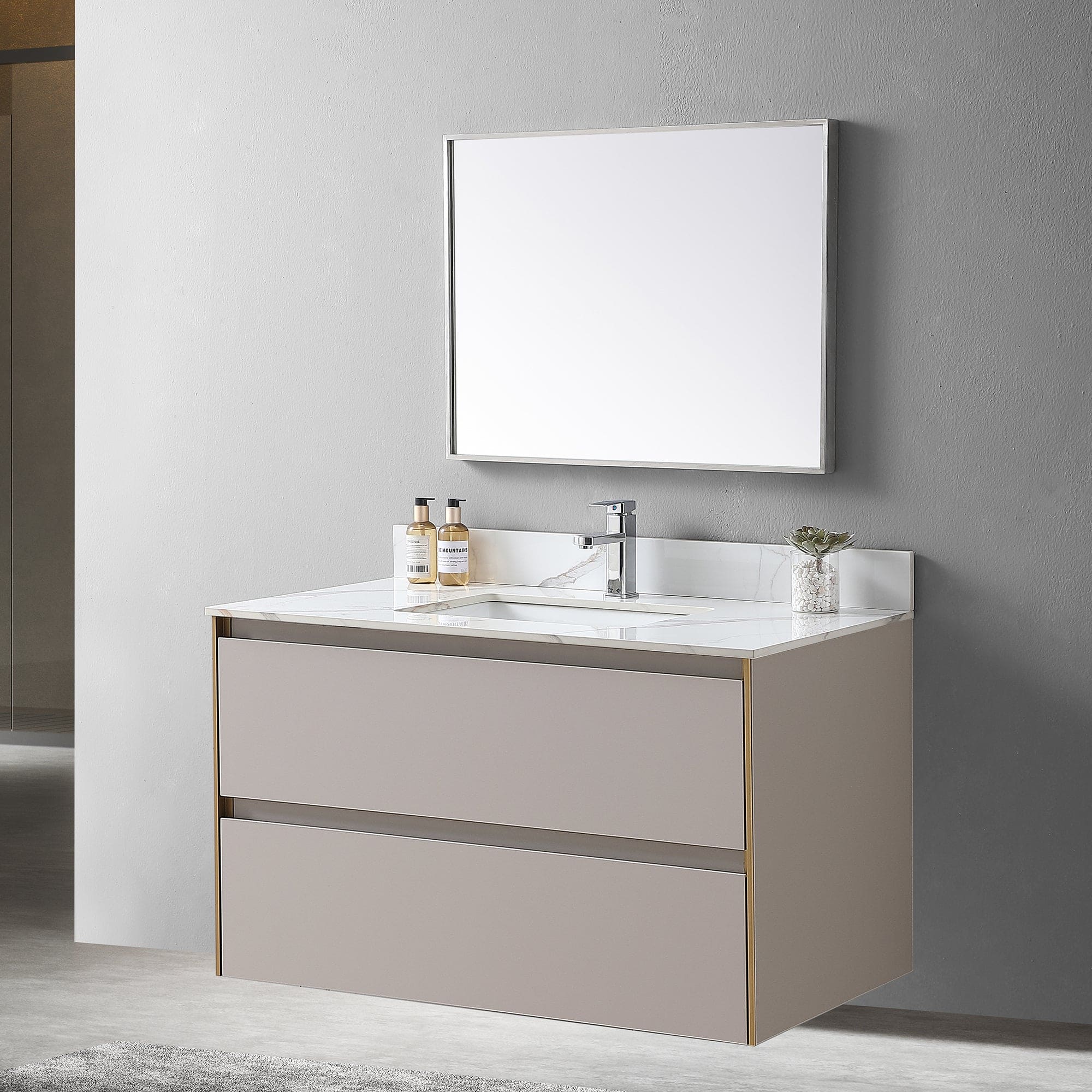 Montary 43x 22 inch bathroom stone vanity carrara gold color sintered stone vanity top with single faucet hole .