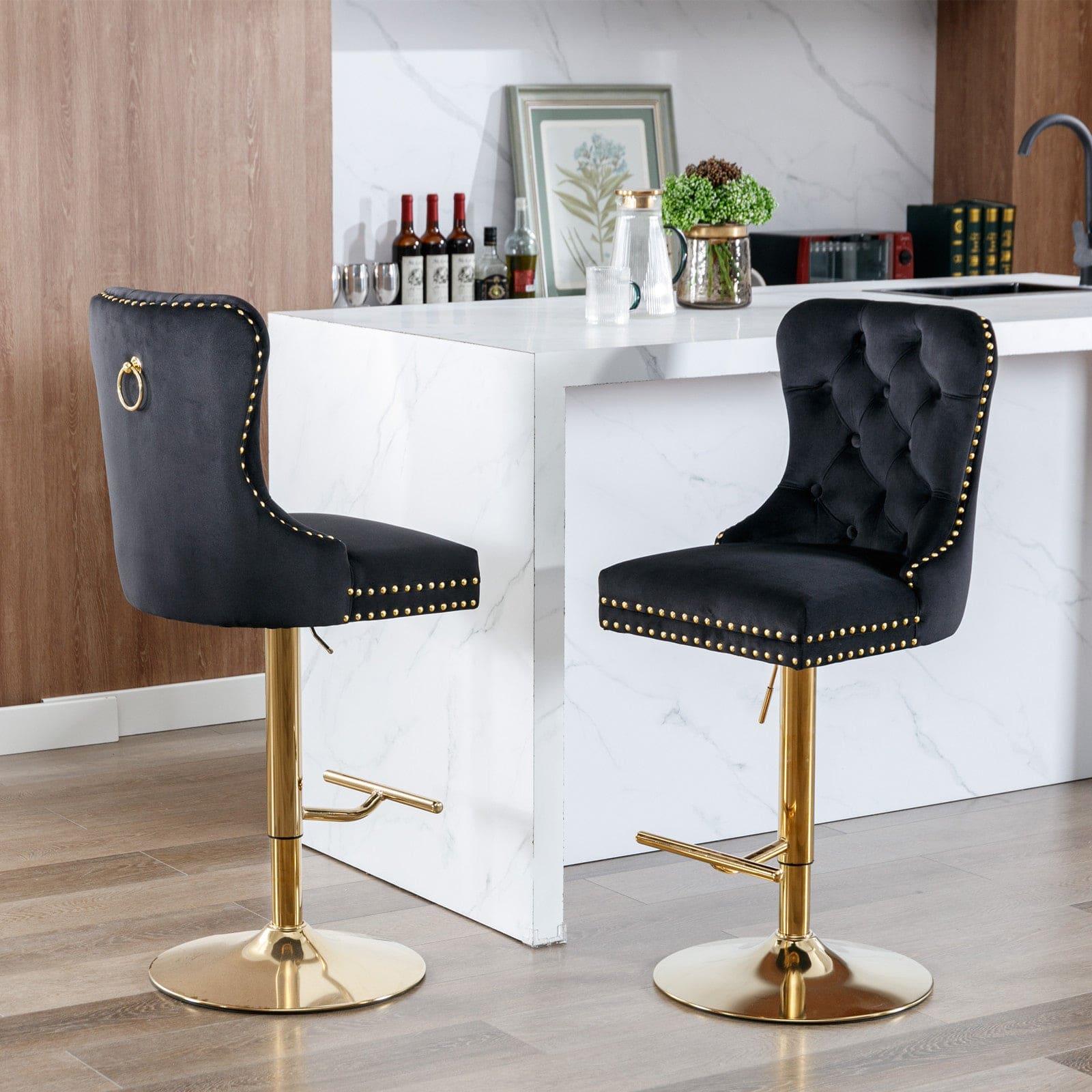 A&A Furniture,Thick Golden Swivel Velvet Barstools Adjusatble Seat Height from 27-35 Inch, Modern Upholstered Bar Stools with Backs Comfortable Tufted for Home Pub and Kitchen Island (Black,Set of 2)