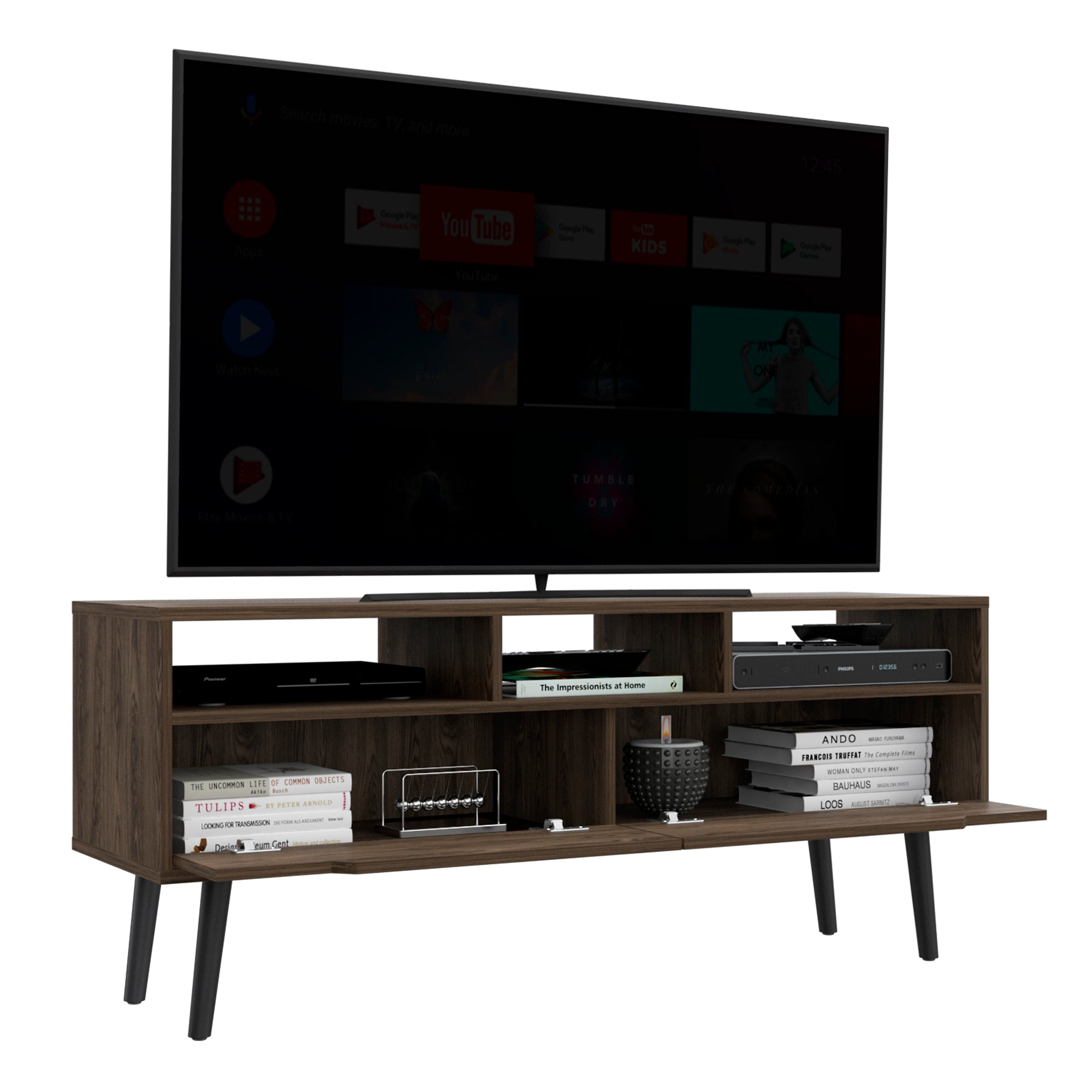 Tv Stand for TV´s up 52" Bull, Three Open Shelves, Two Flexible Drawers, Dark Walnut Finish