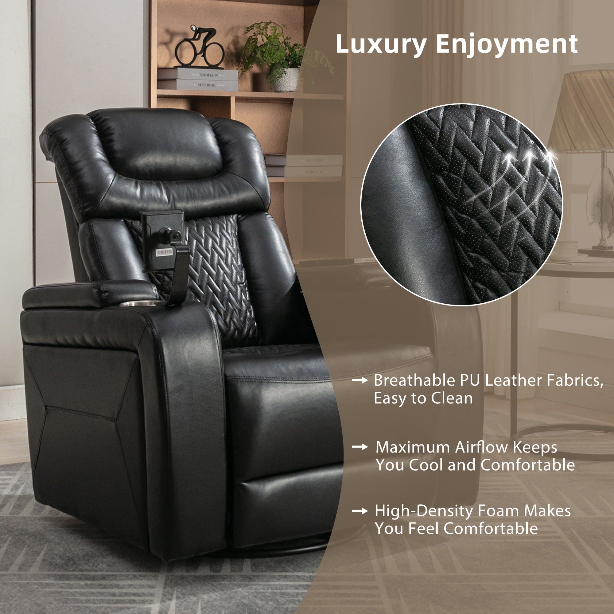 270 Degree Swivel PU Leather Power Recliner Individual Seat Home Theater Recliner with  Comforable Backrest, Tray Table,  Phone Holder, Cup Holder,  USB Port, Hidden Arm Storage for Living Room, Black