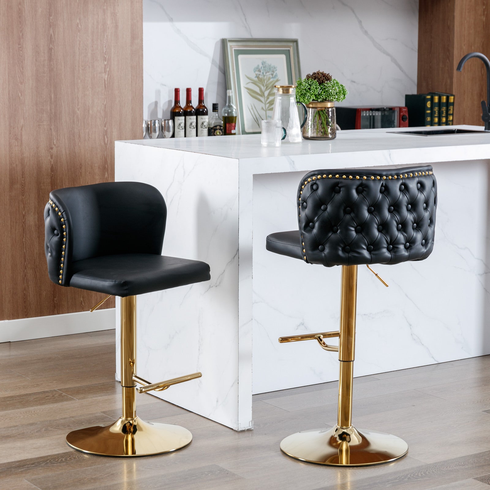 A&A Furniture,Swivel Barstools Adjusatble Seat Height, Modern PU Upholstered Bar Stools with  the whole Back Tufted, for Home Pub and Kitchen Island（Black, Set of 2）