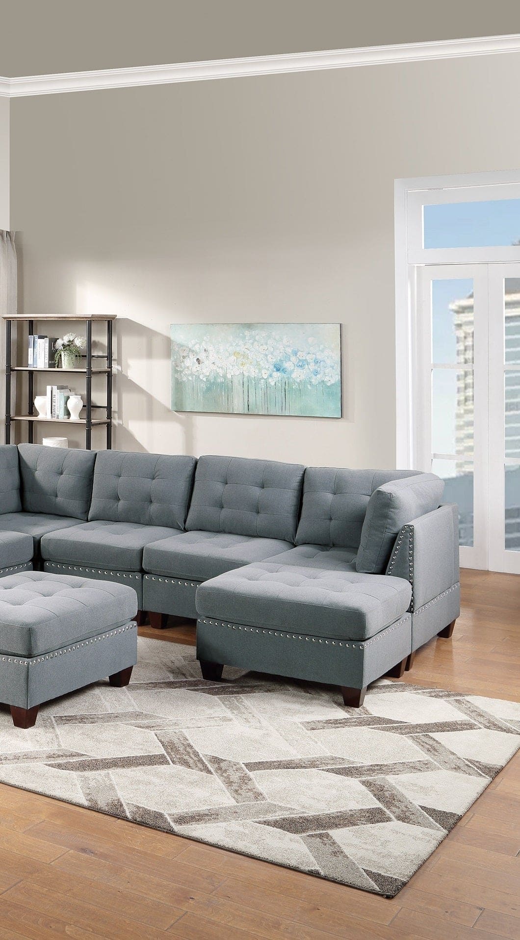 Modular Sectional 9pc Set Living Room Furniture Corner Sectional Tufted Nail heads Couch Gray Linen Like Fabric 3x Corner Wedge 4x Armless Chairs and 2x Ottomans