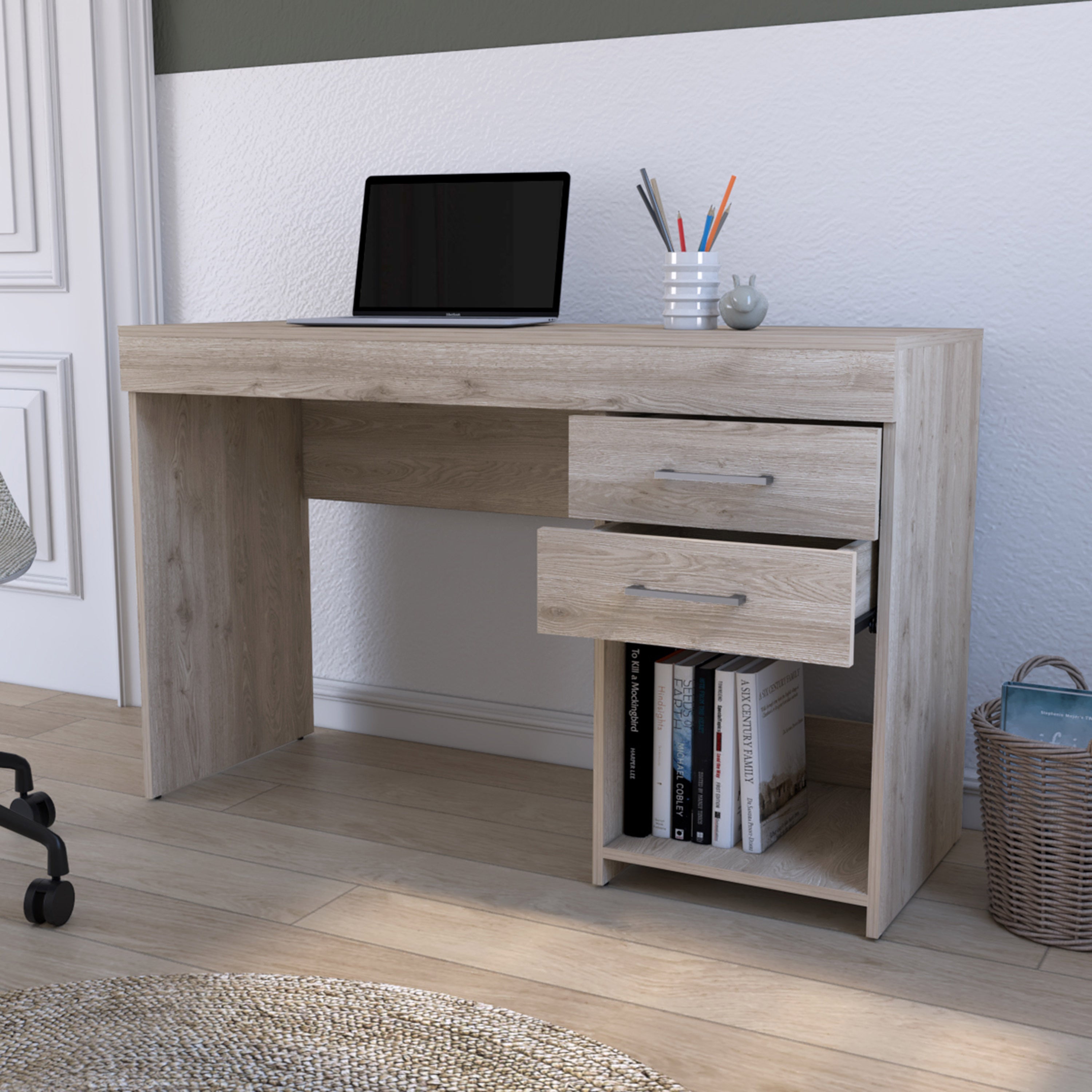 Computer Desk Limestone, Two Drawers, Light Gray Finish