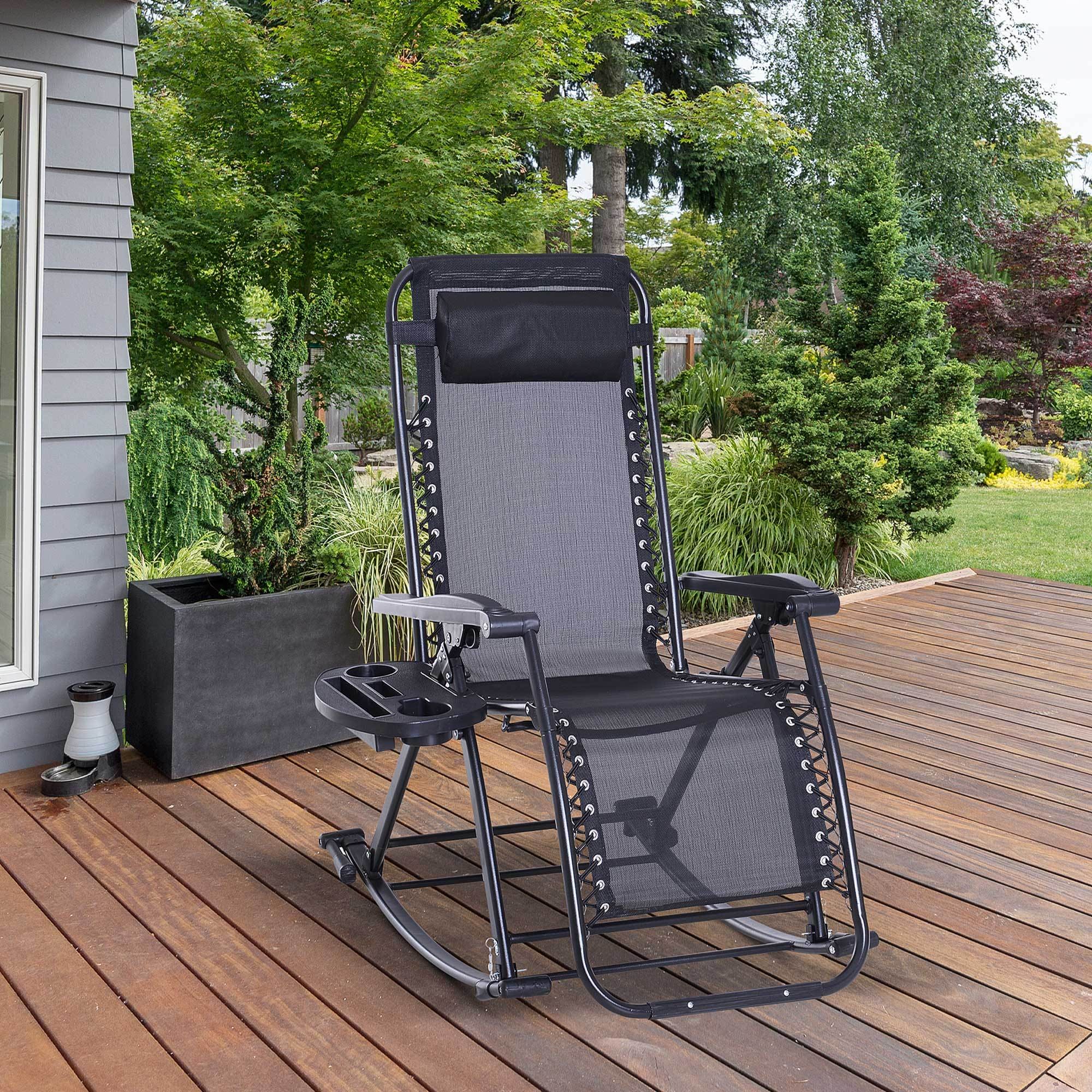 Outsunny Outdoor Rocking Chairs, Foldable Reclining Anti Gravity Lounge Rocker w/ Pillow, Cup & Phone Holder, Combo Design w/ Folding Legs, Black