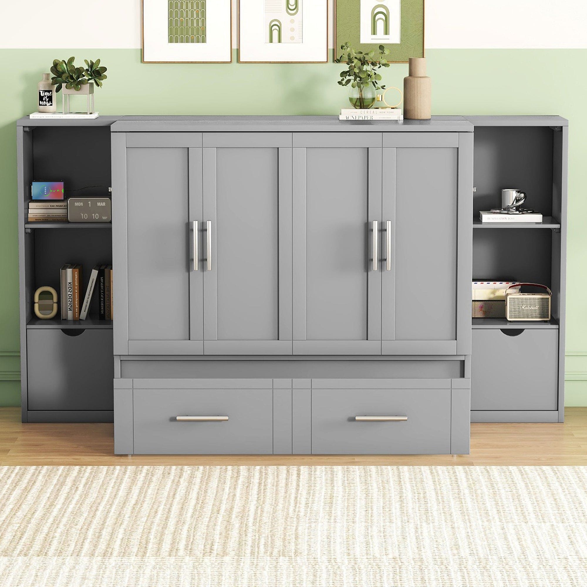 Queen Size Murphy Bed with Shelves, Drawers and USB Ports,Gray