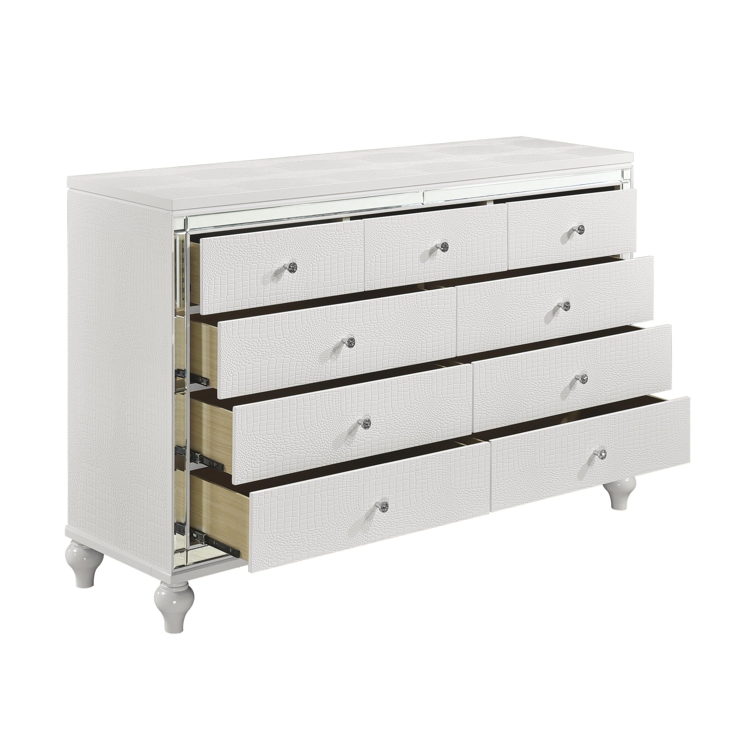 Glamorous Metallic White Finish Dresser of 9x Drawers Faux Crystal Knobs Modern Bedroom Furniture