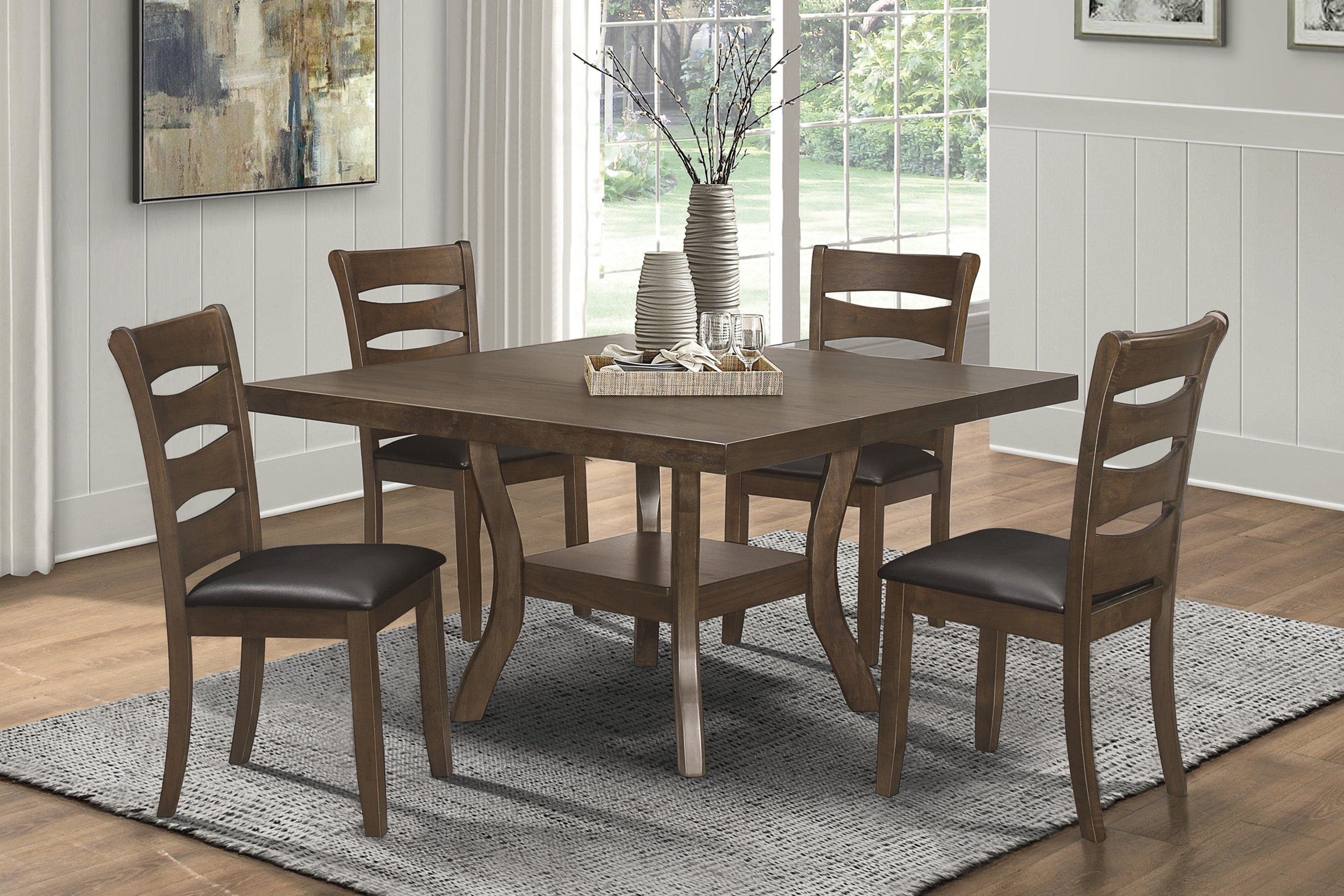 Transitional Brown Finish Dining Table with Lower Display Shelf and Extension Leaf Mindy Veneer Wood Dining Room Furniture