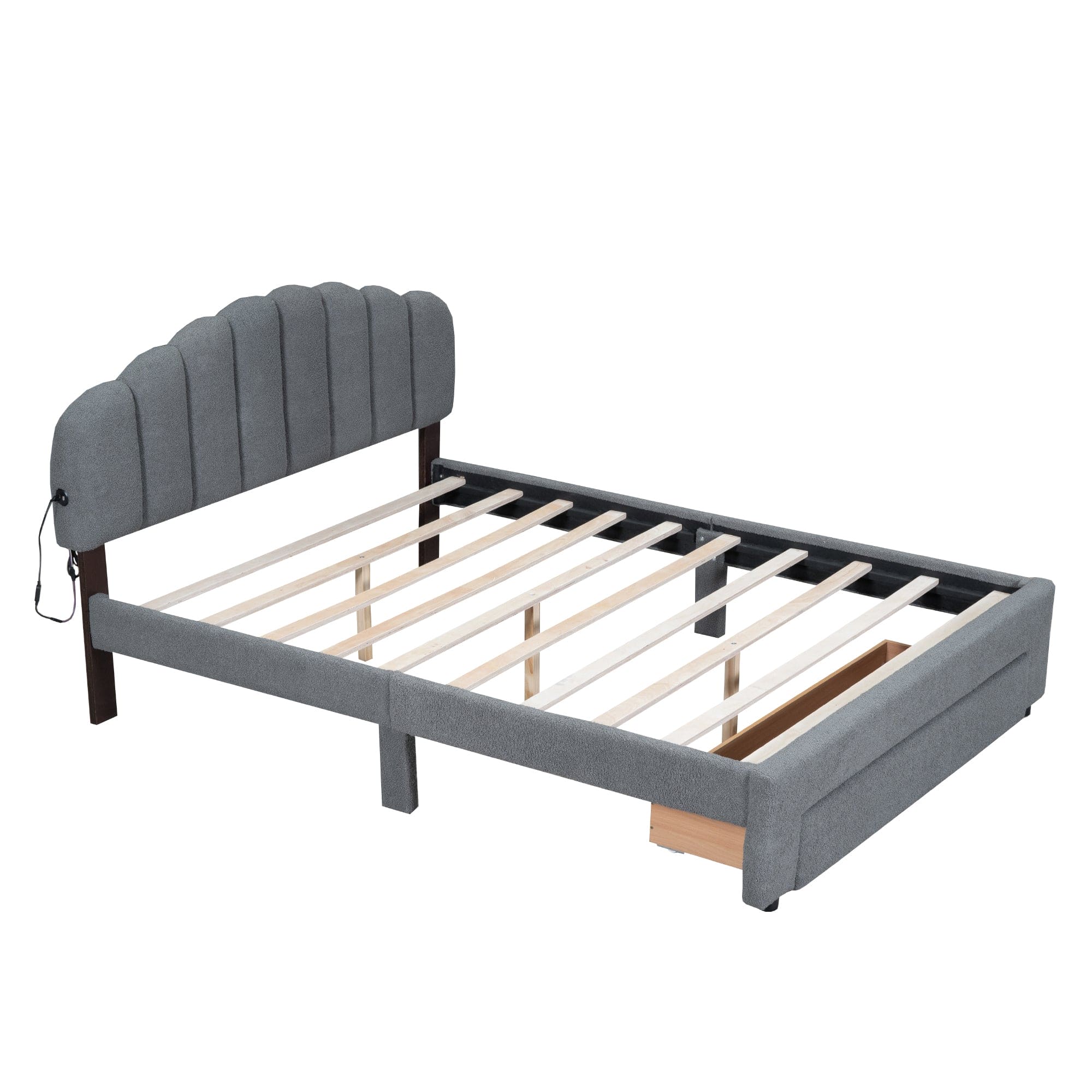 Teddy Fleece Queen Size Upholstered Platform Bed with Drawer, Gray