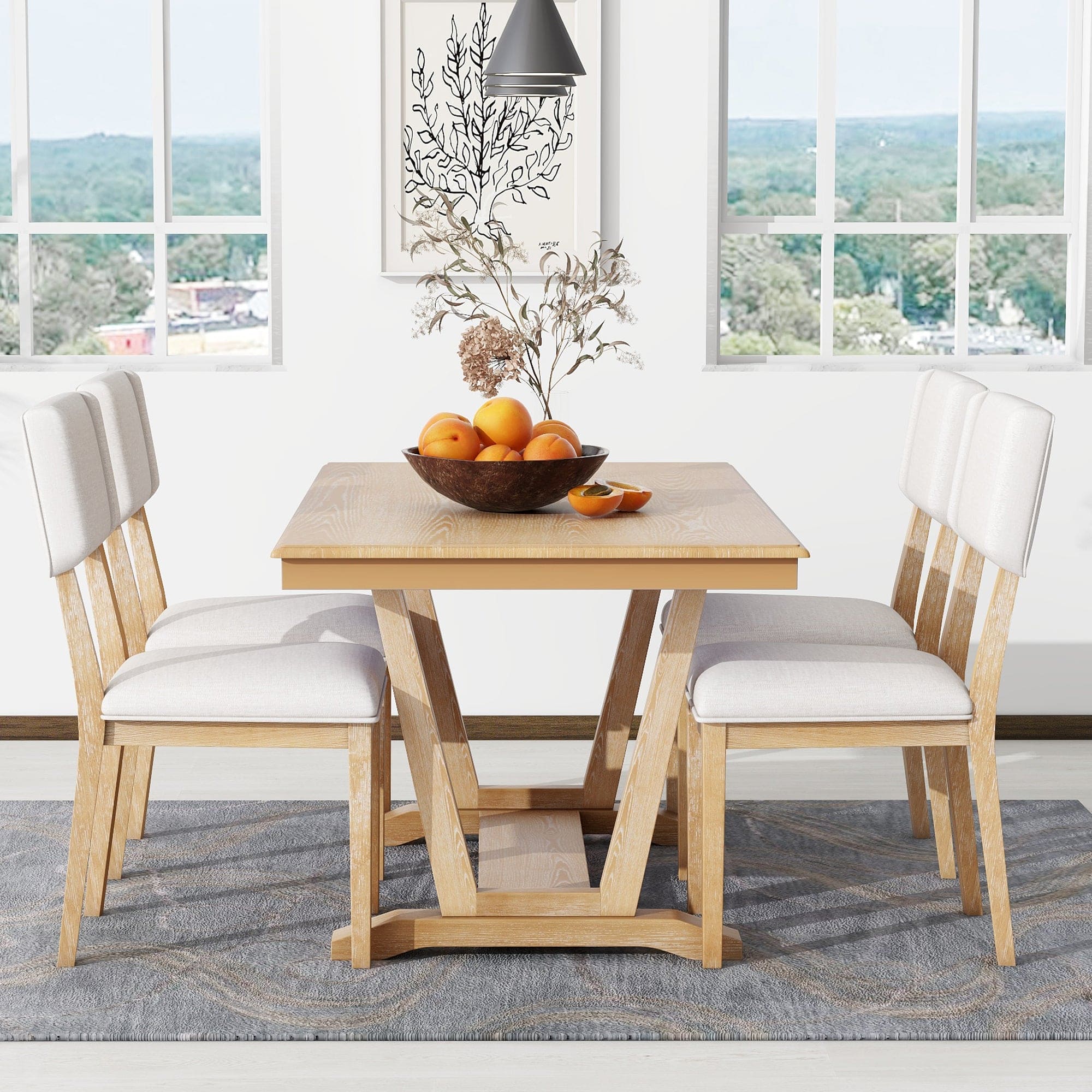 TOPMAX Rustic 5-piece Dining Table Set with 4 Upholstered Chairs, 59-inch Rectangular Dining Table with Trestle Table Base, Naural