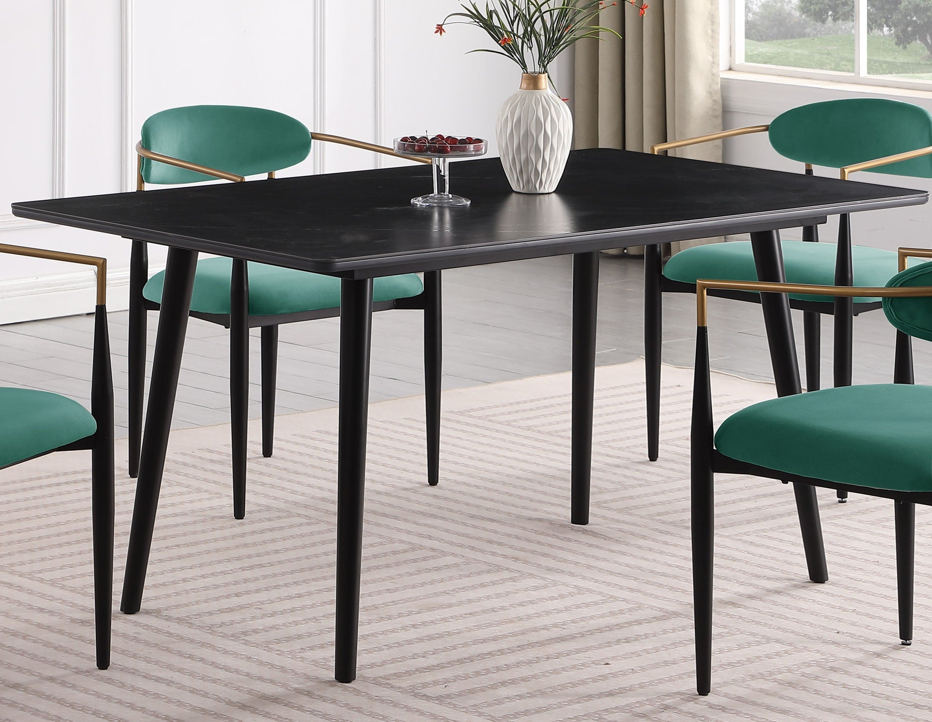 Modern Contemporary 5pc Dining Set Black Sintered Stone Table and Green Chairs Fabric Upholstered Stylish Furniture