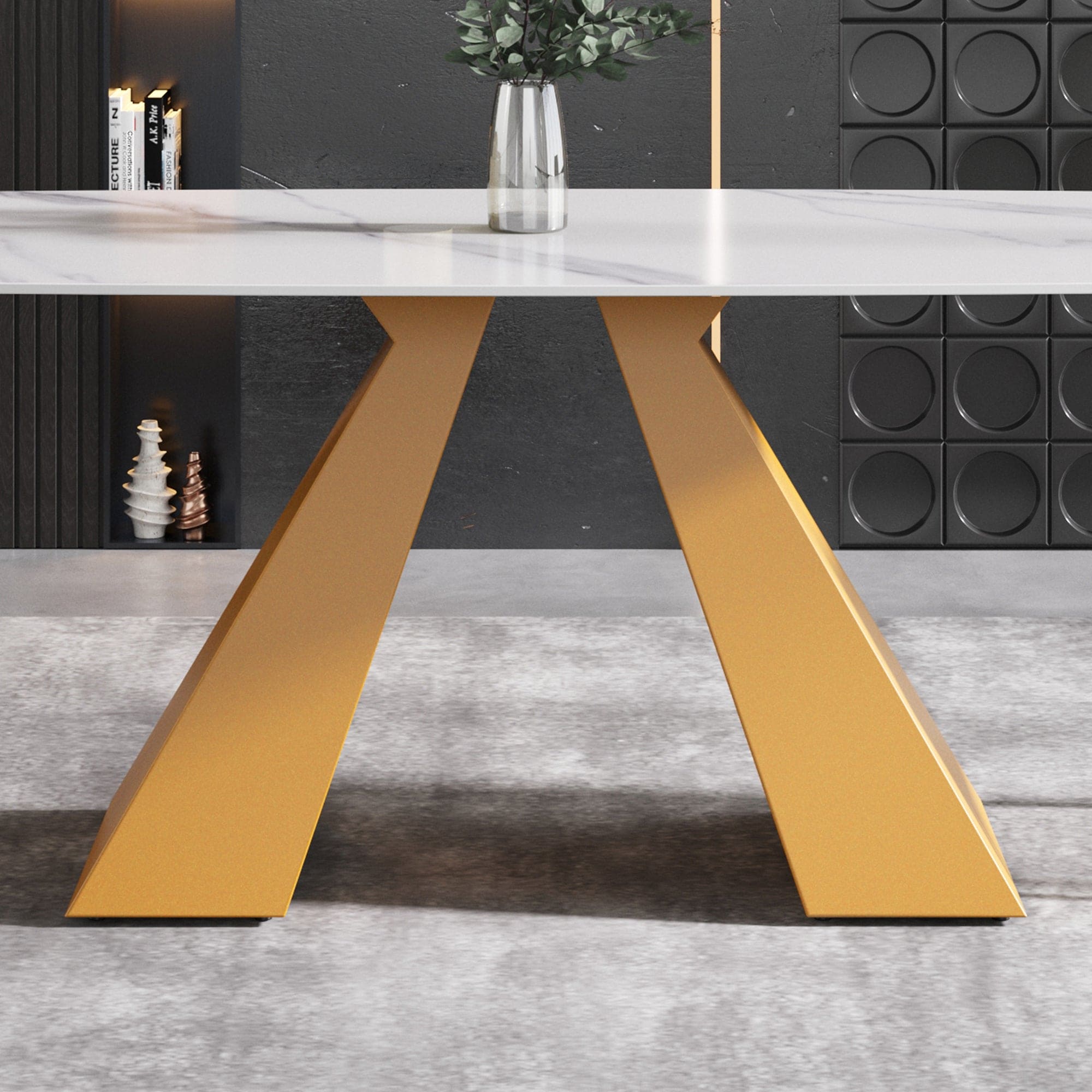 70.87"Modern artificial stone white curved golden metal leg dining table-can accommodate 6-8 people