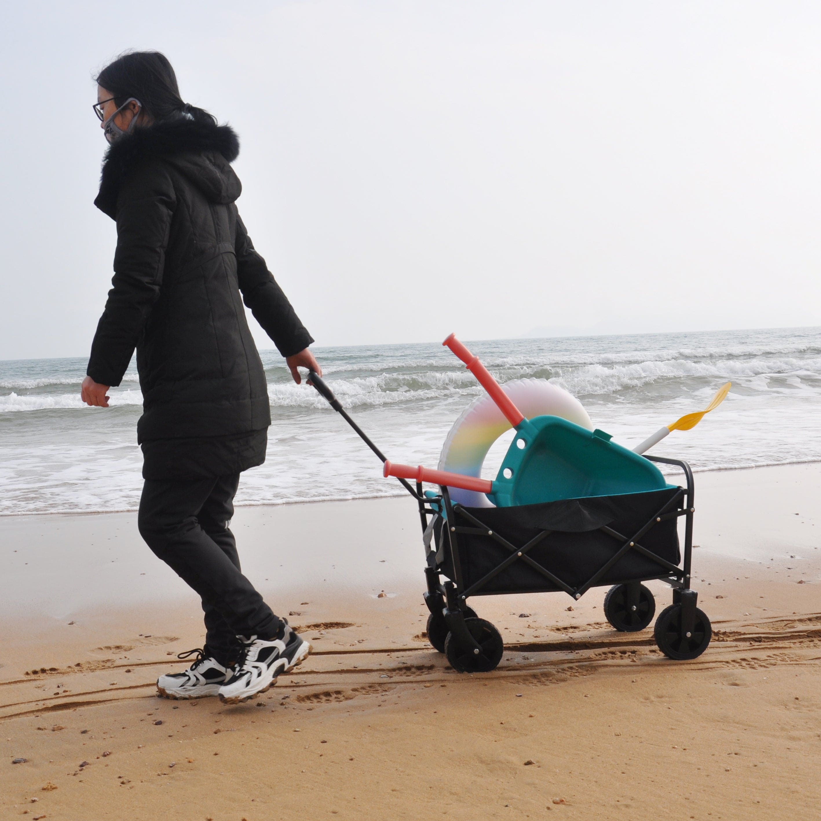 Folding Wagon Garden Shopping Beach Cart (black+blue)