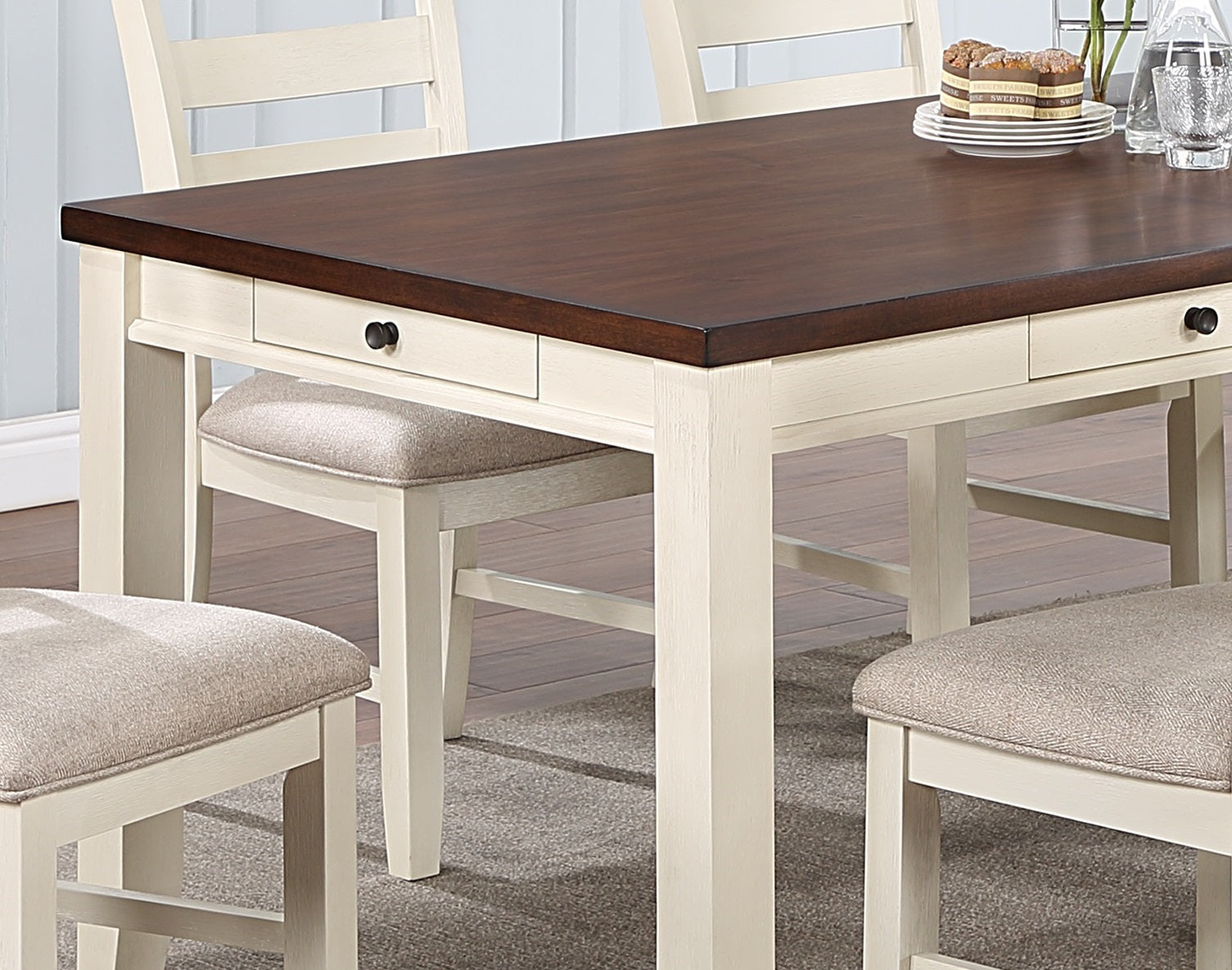 Classic Dining Room Furniture Rectangular Dining Table 1pc Dining Table Only White Rubberwood Walnut Acacia Veneer Table Top w Pull out Drawers