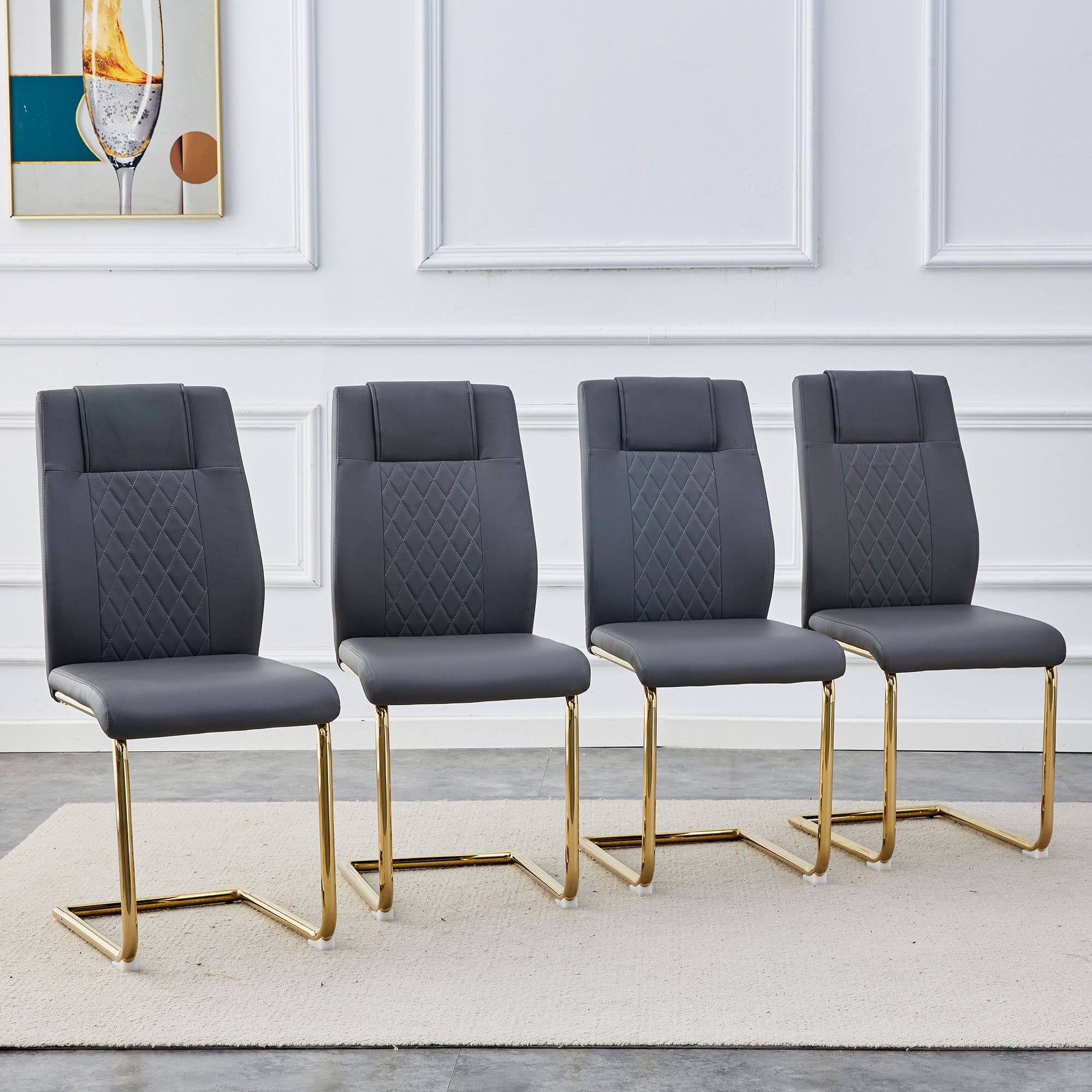 Modern dining chairs, restaurant chairs, and gold legged upholstered chairs made of artificial leather, suitable for kitchens, living rooms, bedrooms, and offices. Set of 4 pieces (gray+PU )C-001