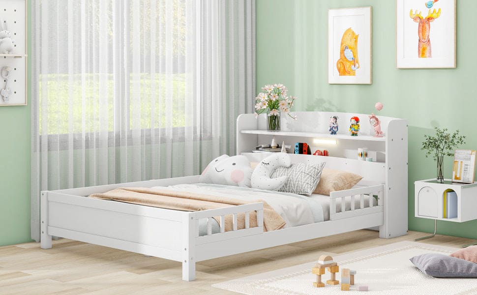 Wood Full Size Platform Bed with Built-in LED Light, Storage Headboard and Guardrail, White