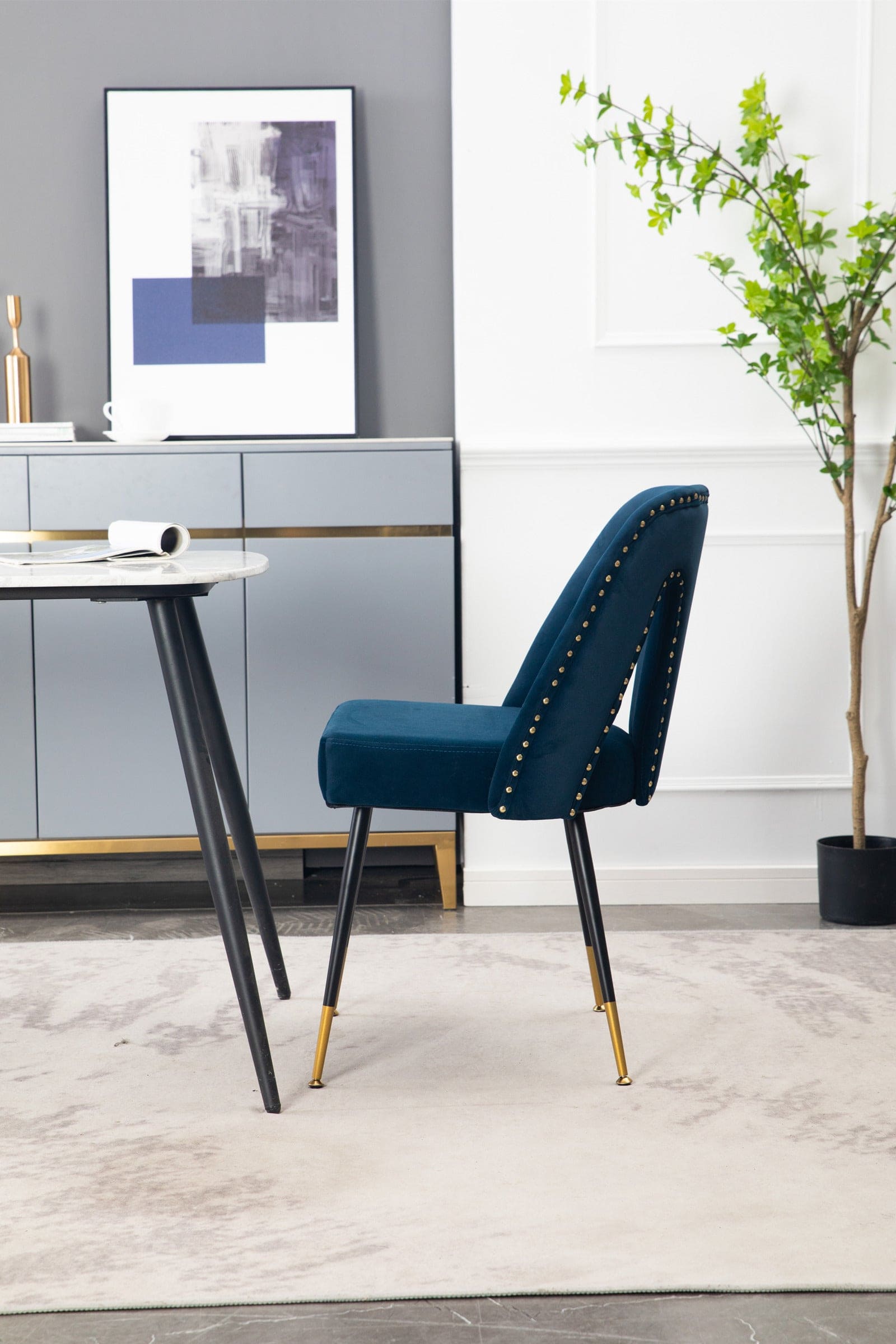 A&A Furniture,Akoya Collection Modern | Contemporary Velvet Upholstered Dining Chair with Nailheads and Gold Tipped Black Metal Legs,Blue,Set of 2