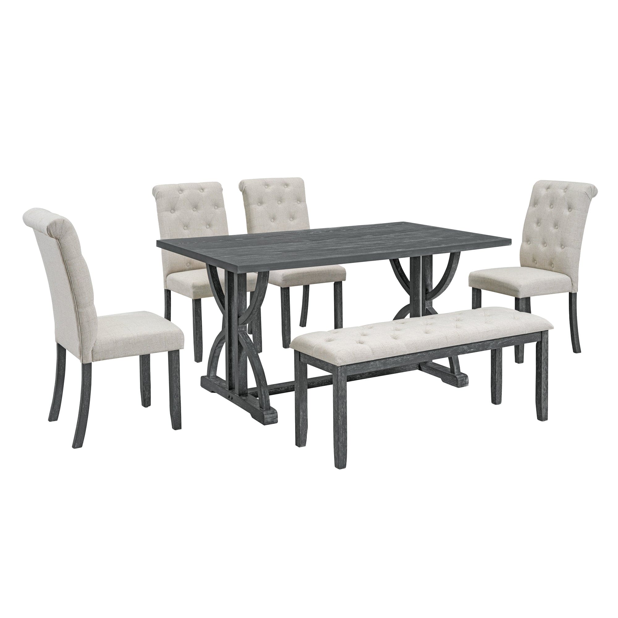 TREXM 6-Piece Retro Rectangular Dining Table Set, Table with Unique Legs and 4 Upholstered Chairs & 1 Bench for Dining Room and Kitchen (Gray Wash)