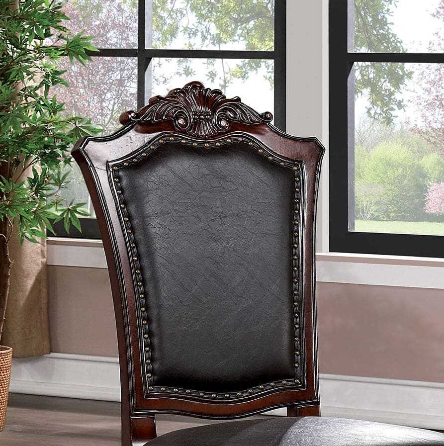 Majestic Traditional Set of 2pcs Side Chairs Brown Cherry Solid wood Faux Wood Carved Details Black Leatherette Seats Formal Dining Room Furniture