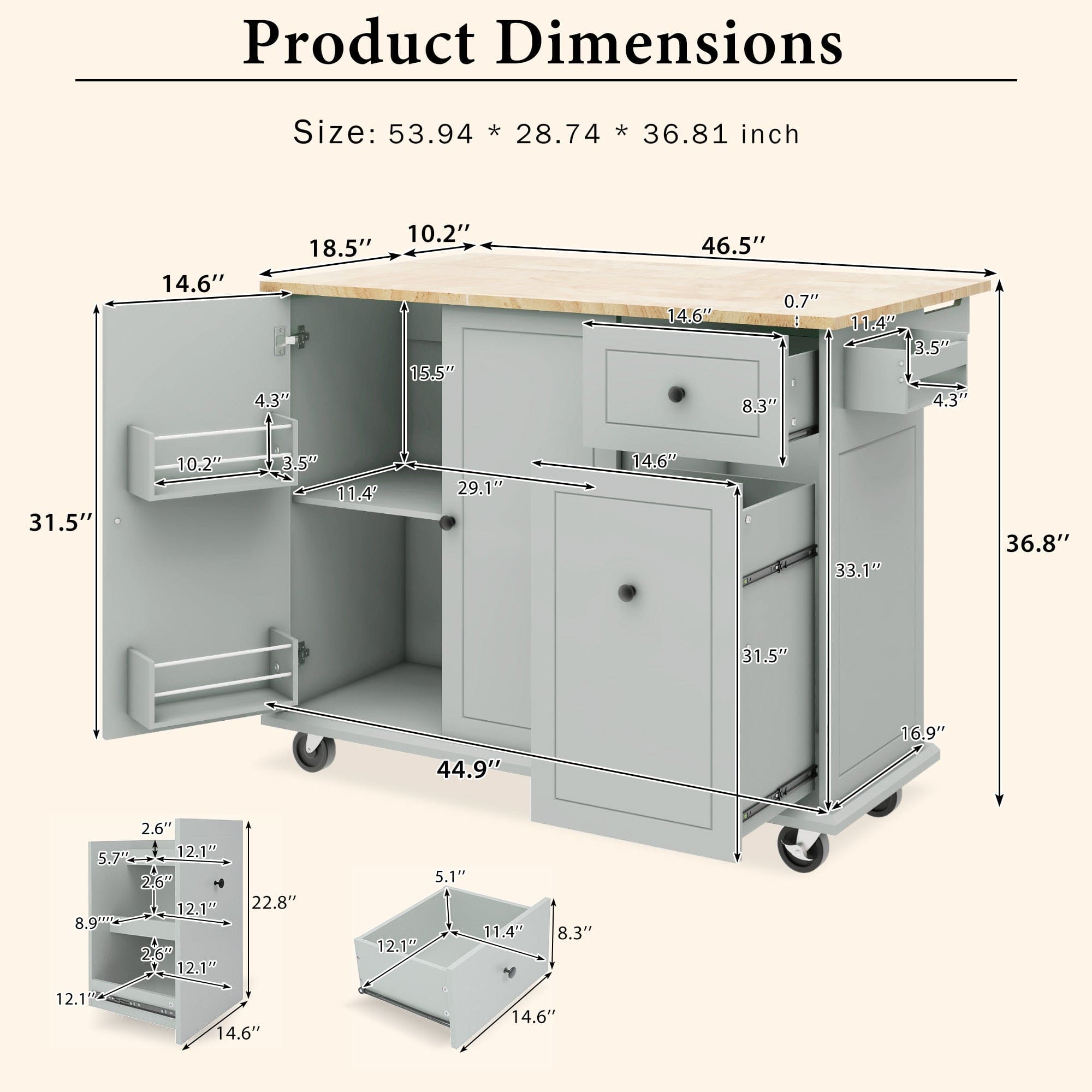 Kitchen Island with Drop Leaf, 53.9" Width Rolling Kitchen Cart on Wheels with Internal Storage Rack and 3 Tier Pull Out Cabinet Organizer, Kitchen Storage Cart with Spice Rack, Towel Rack (Grey Blue)