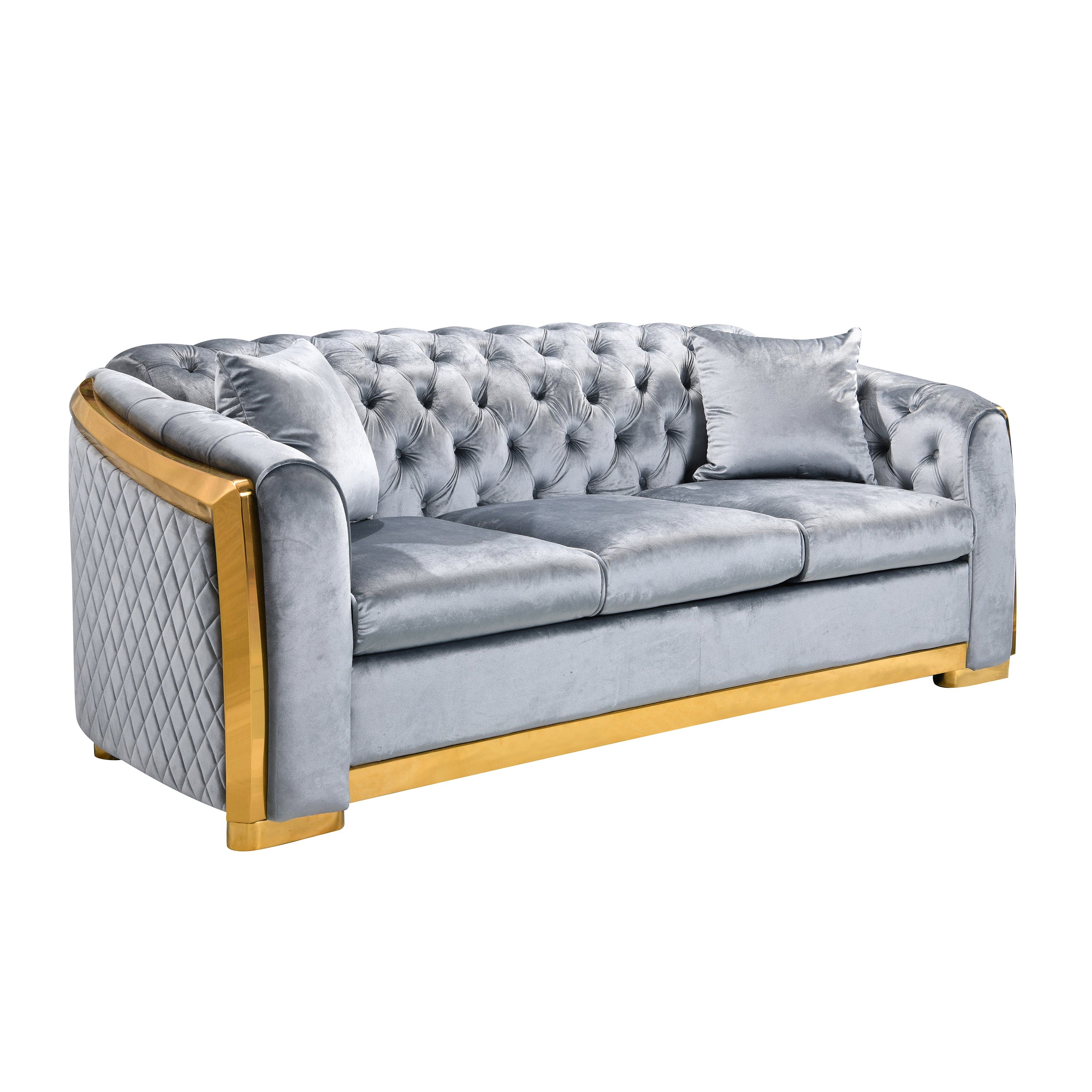 Velvet Luxury Chesterfield Sofa Set, 84 Inches Tufted 3 Seat Couch with Gold Stainless for Living Room, Grey Fabric