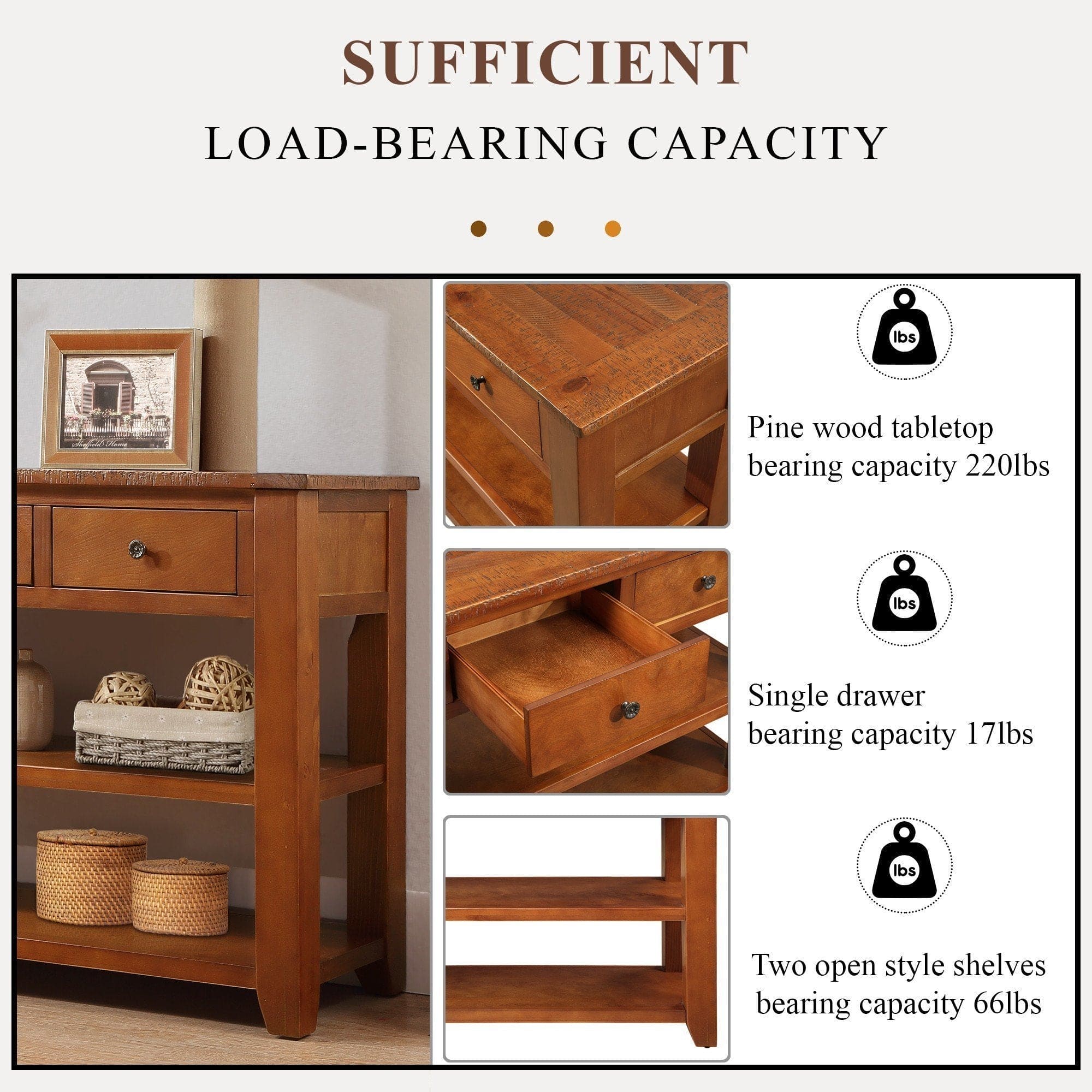 48'' Solid Pine Wood Top Console Table, Modern Entryway Sofa Side Table with 3 Storage Drawers and 2 Shelves. Easy to Assemble (Brown)