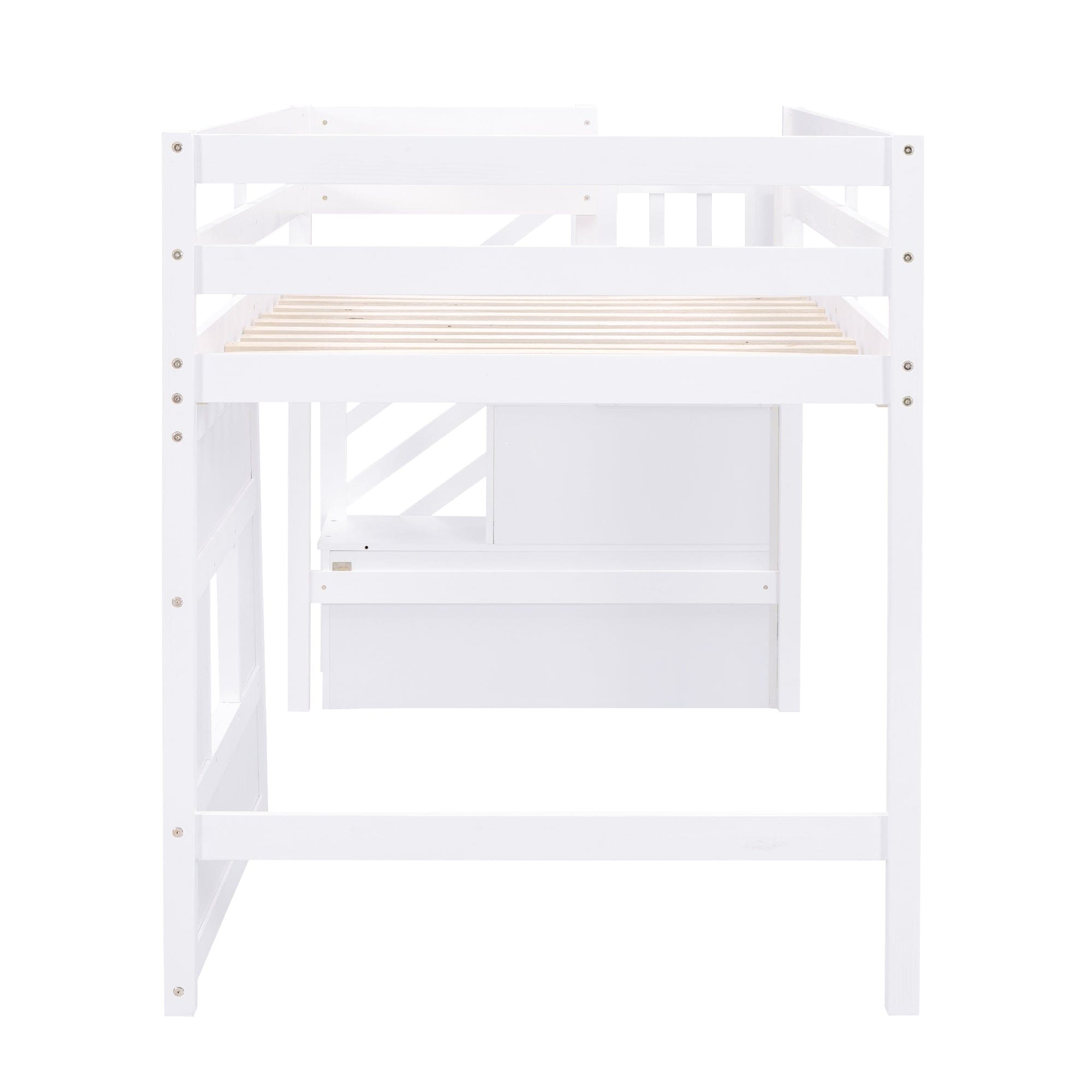 Twin Size Loft Bed with Storage Staircase and Window, White