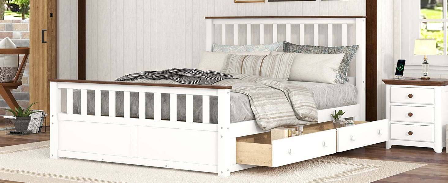 Queen Size Wood Platform Bed with Two Drawers and Wooden Slat Support,White+walnut