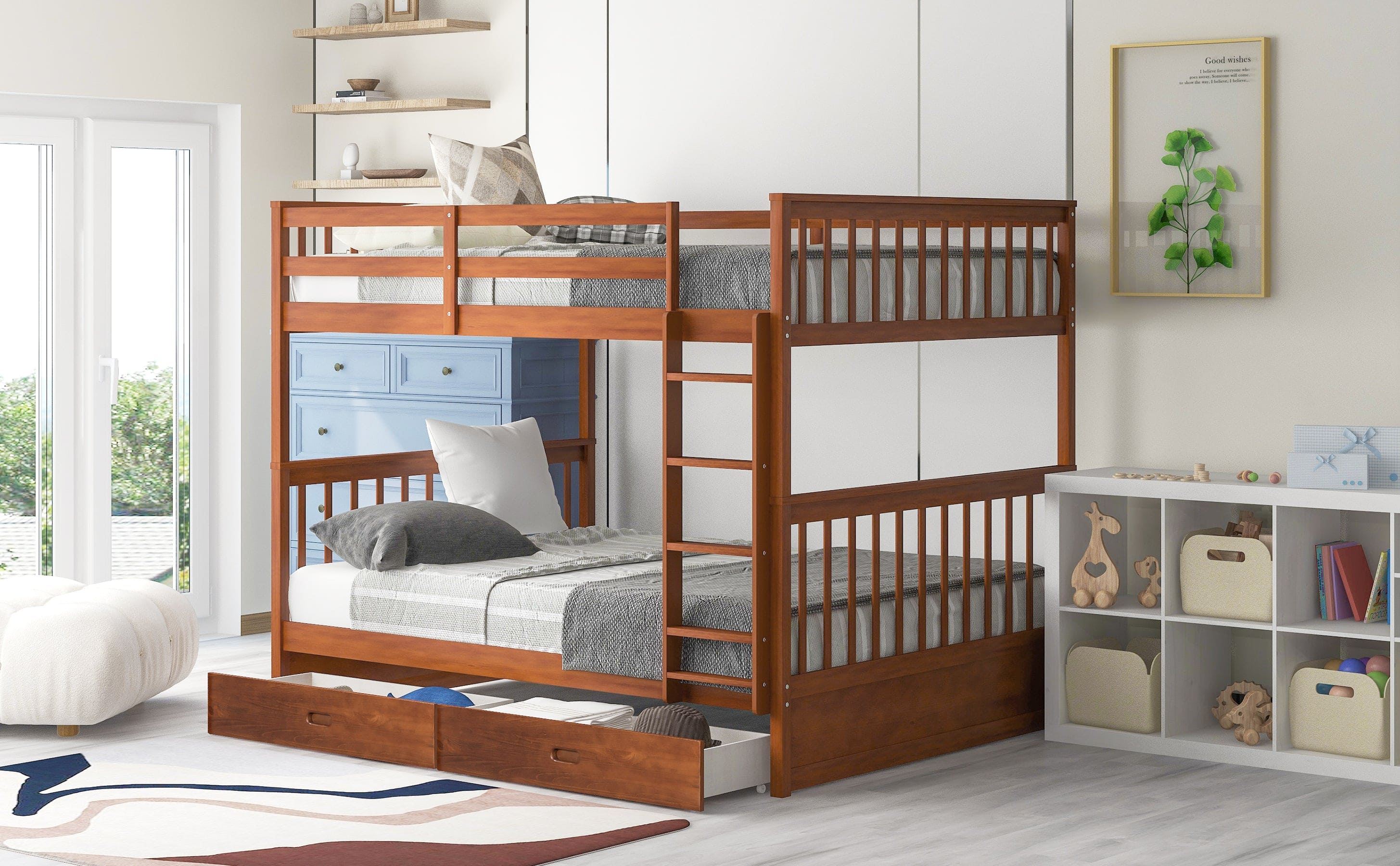 Full-Over-Full Bunk Bed with Ladders and Two Storage Drawers (Walnut)(OLD SKU:LT000365AAD)