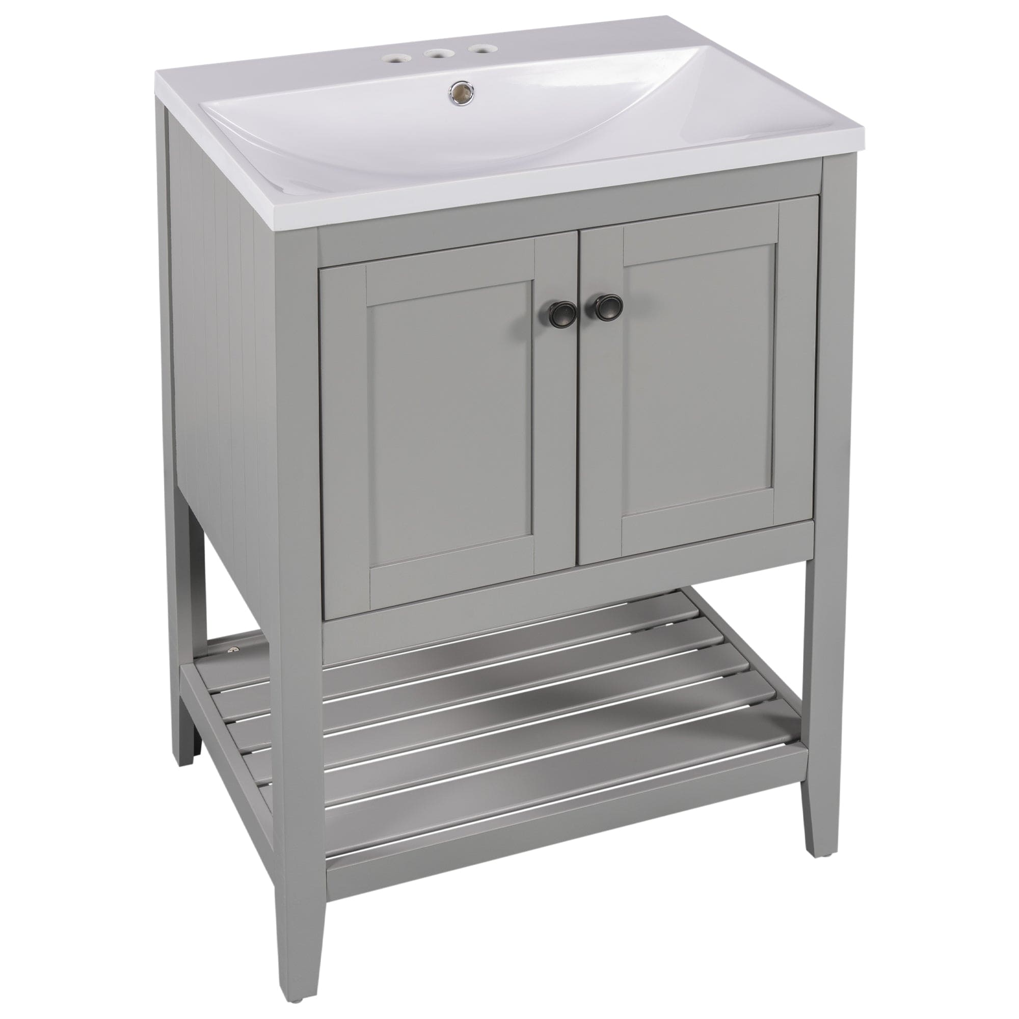 [VIDEO] 24" Grey Modern Sleek Bathroom Vanity Elegant Ceramic Sink with Solid Wood Frame Open Style Shelf (OLD SKU: JL000004AAE)