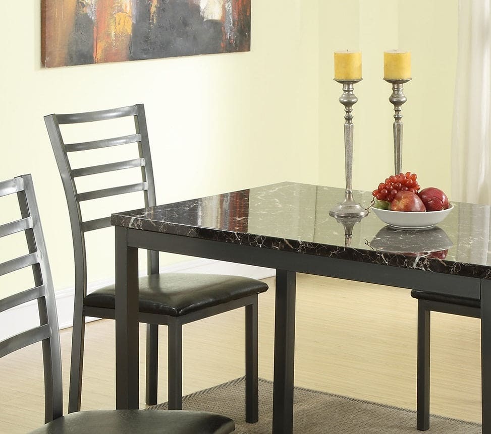 Modern Simple Dining Room Furniture 5pc Dining Set Table And 4x Chairs Faux Marble Top table Black Faux Leather Chairs