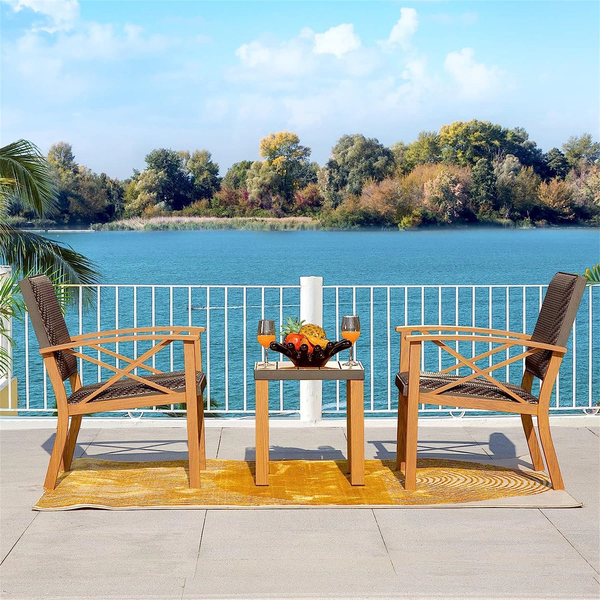 Patio Bistro Set 3 Pieces with Wood Grain Aluminum Wicker Padded Porch Chairs,Coffee Table,Outdoor Conversation Set with Beige Sunbrella Pillows(1Table+2 Chairs)