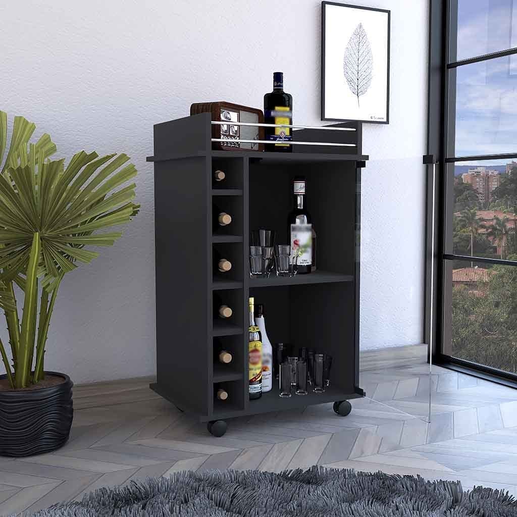 Bar Cart Baltimore, Two Tier Cabinet With Glass Door, Six Wine Cubbies, Black Wengue Finish