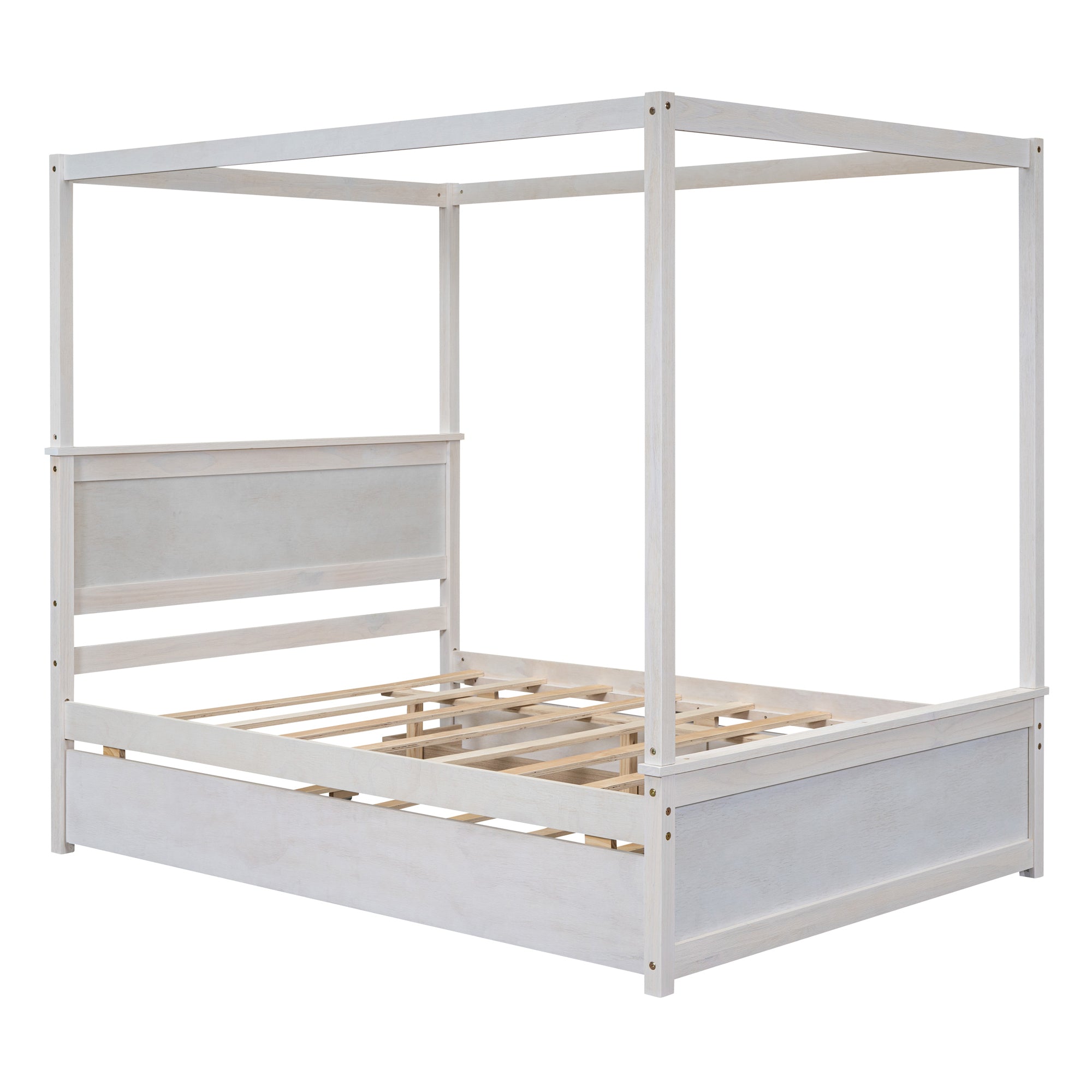 Wood Canopy Bed with Trundle Bed and two Drawers ,Full Size Canopy Platform bed With Support Slats .No Box Spring Needed, Brushed White