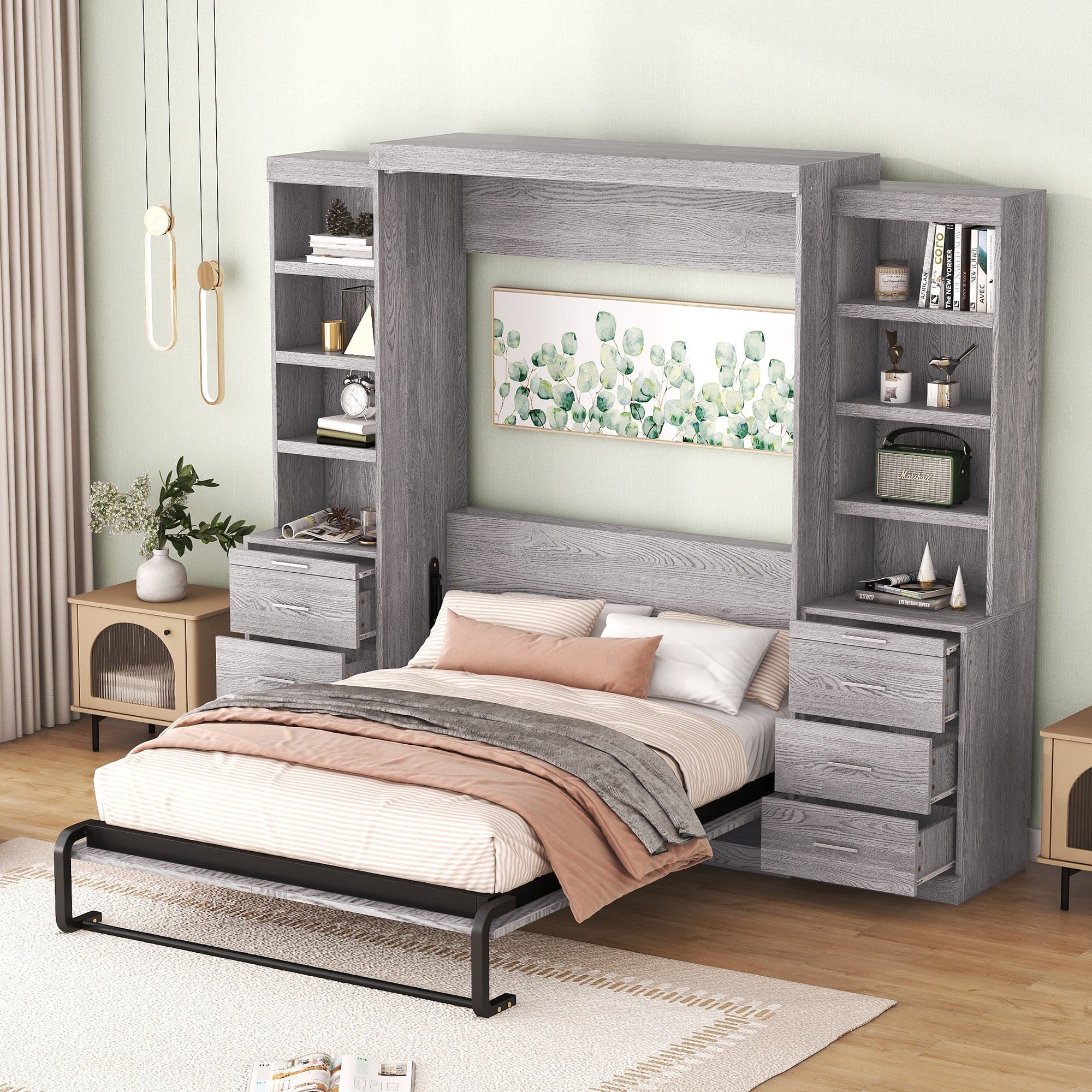 Full Size Murphy Bed with Storage Shelves and Drawers, Gray